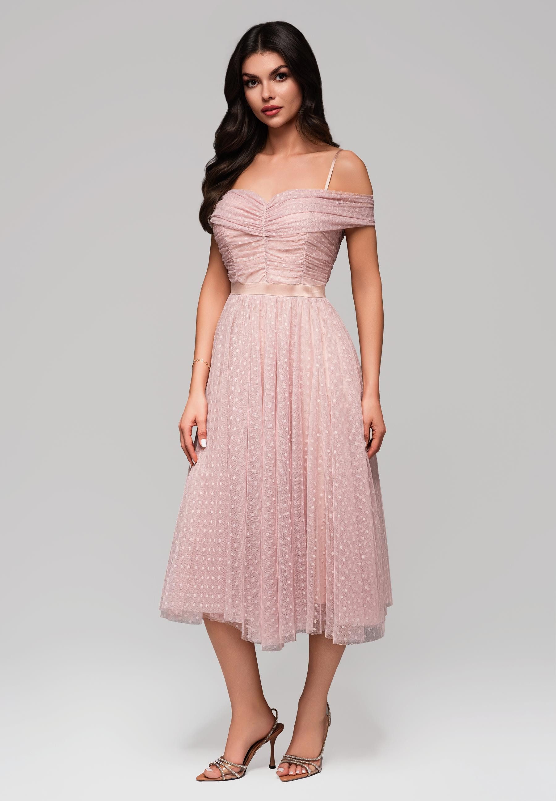 OMBRE Abendkleid Romantisches Off-Shoulder-Midikleid mit Tupfenmuster günstig online kaufen