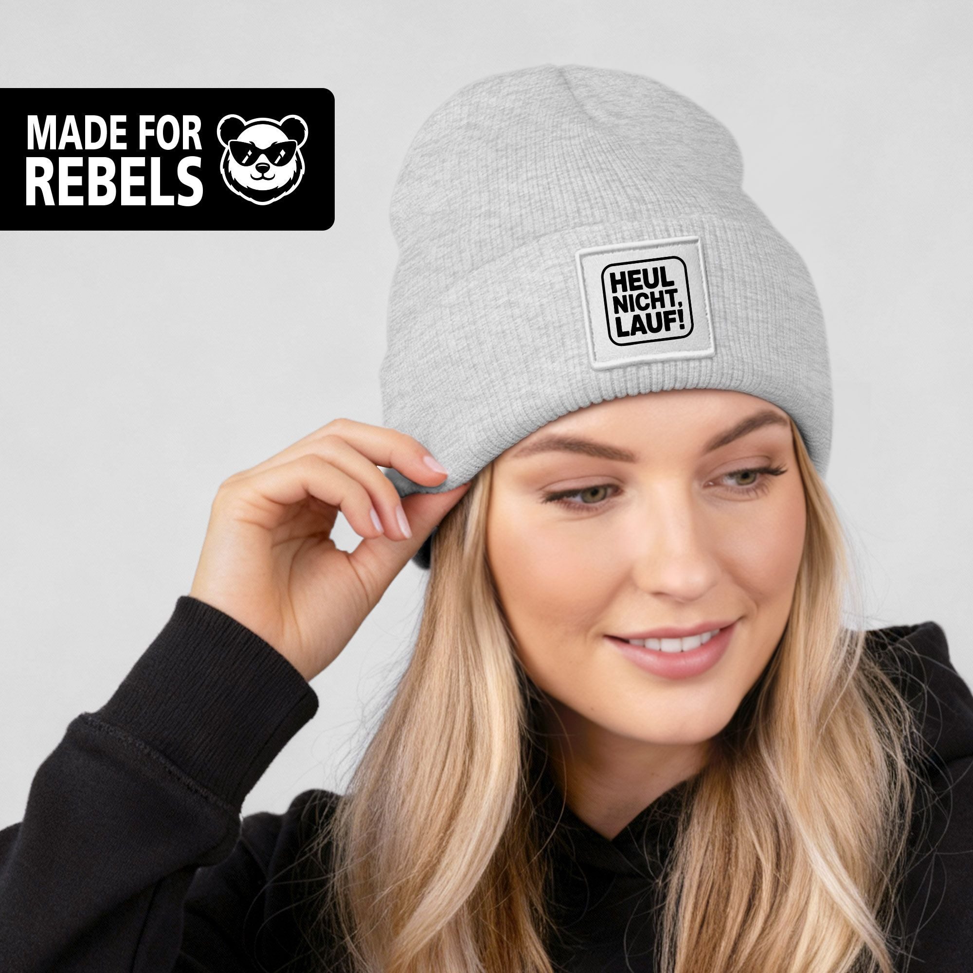 MoonWorks Strickmütze Damen Beanie Patch mit Aufdruck Heul nicht Lauf Wintermütze Frauen