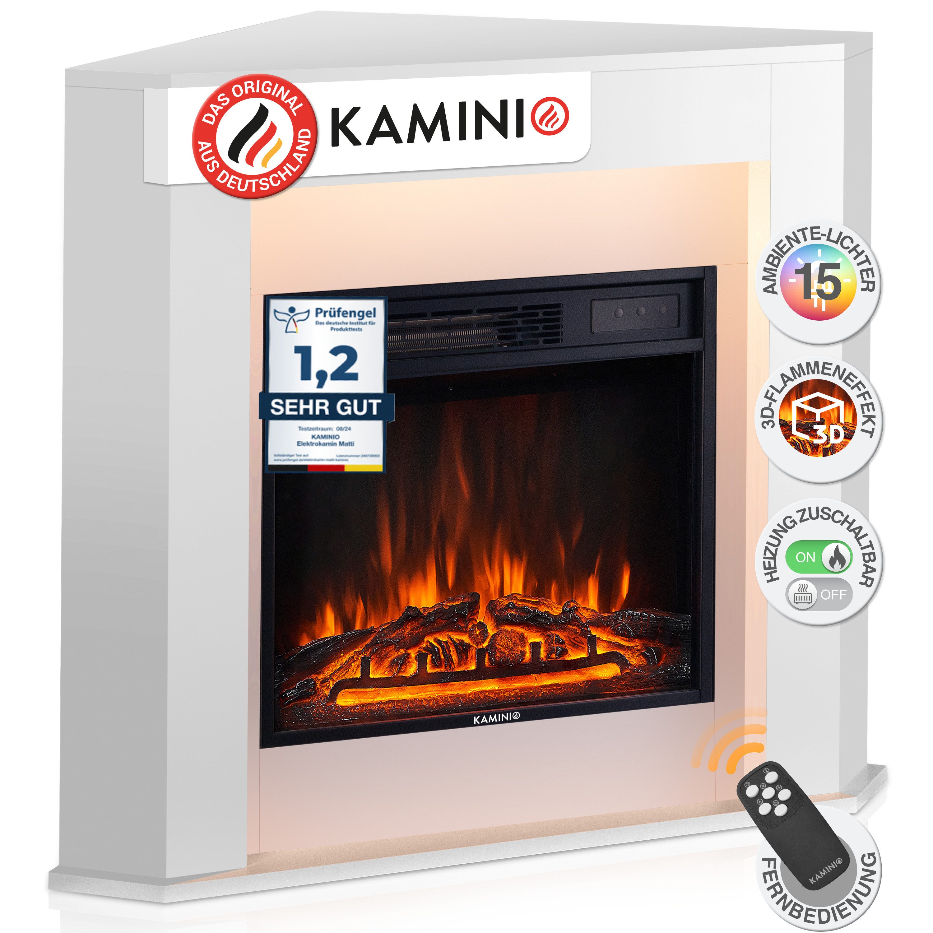 KAMINIO Elektrokamin MATTI, Elektrischer Kamin mit 3D-Flammeneffekt, Ambientelicht, Heizung 1800W