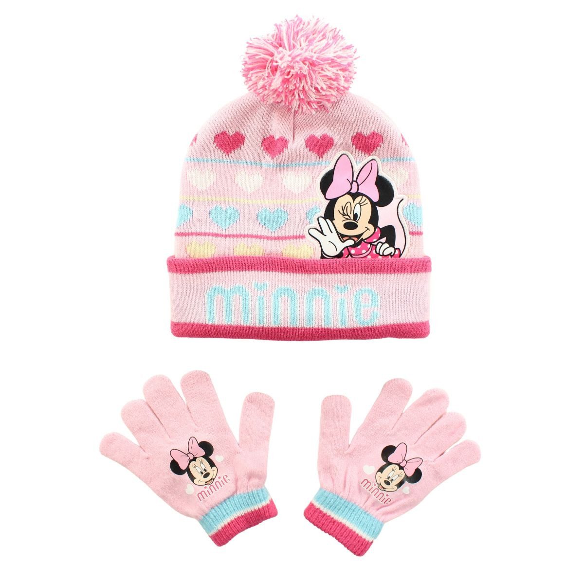 Disney Bommelmütze Disney Minnie Maus Kinder Winter Bommel Mütze plus Handschuhe Gr. 52 bis 54