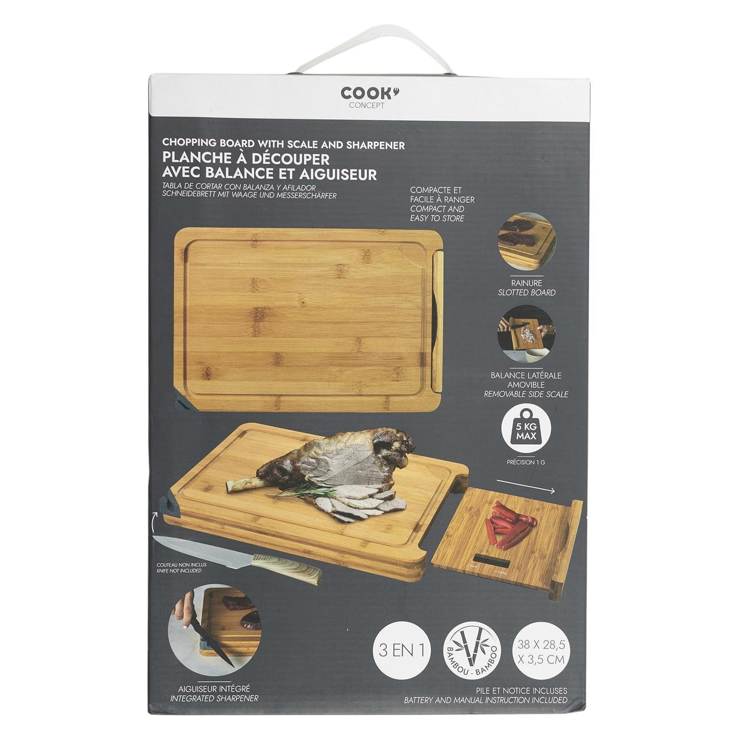 sowie COOK Küchenwaage CONCEPT Bambus-Holz, mit Sieb & Bambus Messerschärfer Schneidebrett, integriertem o. Auffangschale Messerschärfer Waage u.