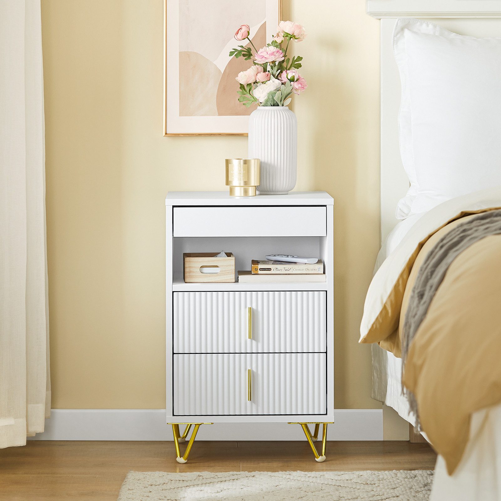 SoBuy Nachttisch FBT168, Nachtschrank schmal Beistelltisch Sofatisch, Nachttisch mit 3 Schubladen, offene Ablage für Schlafzimmer Wohnzimmer – Bild 2 von 5