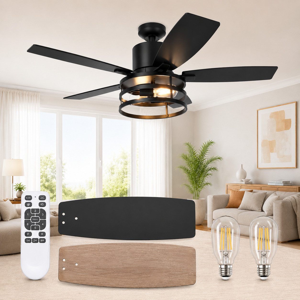 Lapalife Deckenventilator Mit Beleuchtung, Ventilator mit Licht, Leise, Doppelseitige Flügel, 6 Windgeschwindigkeitsstufen, Timer, mit 2 Glühbirnen