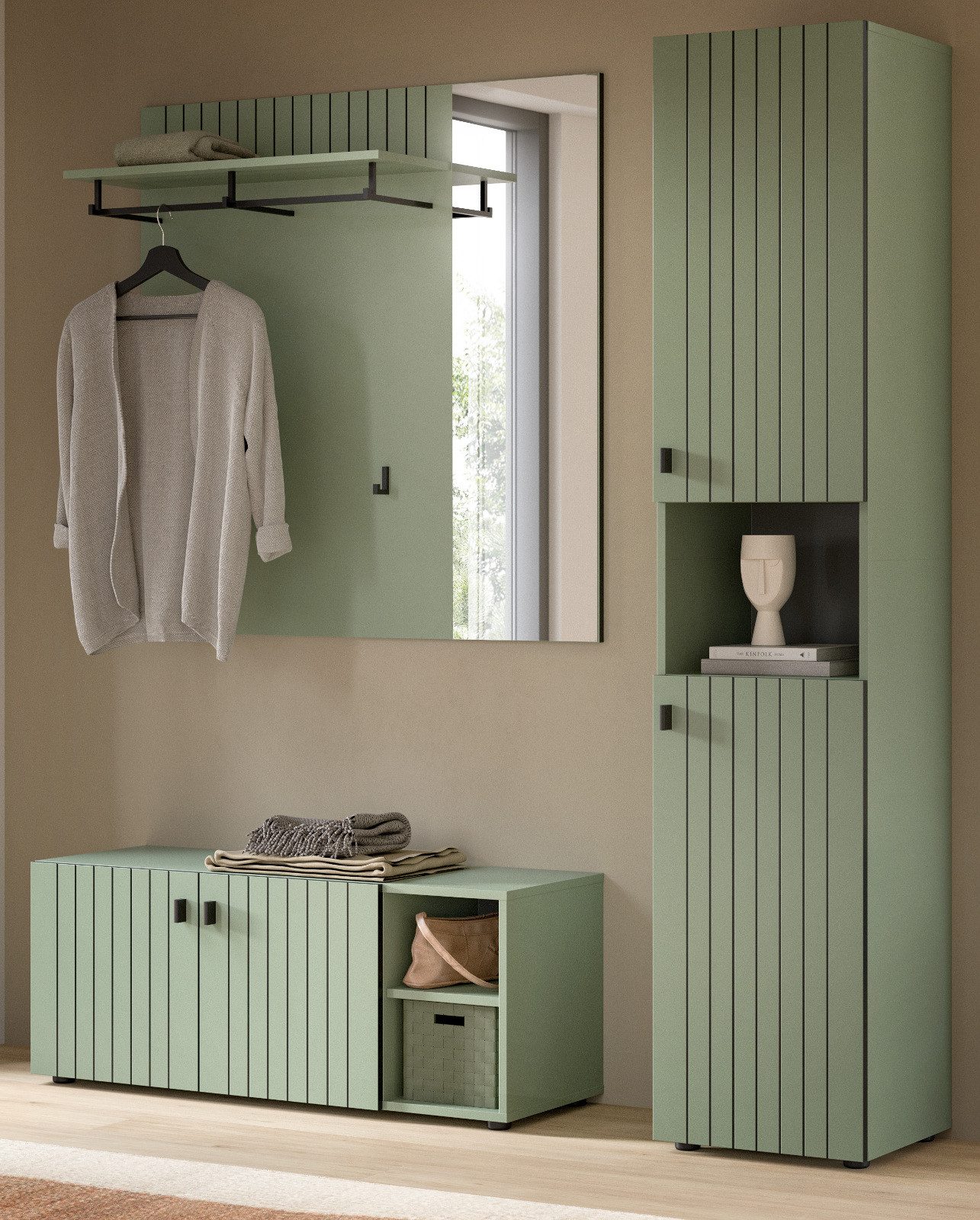 Inn.Furn Garderoben-Set Loreno, (Komplett-Set in Grün mit schwarzer Rillenoptik, 3-teilig, 160 x 192 cm), mit viel Stauraum
