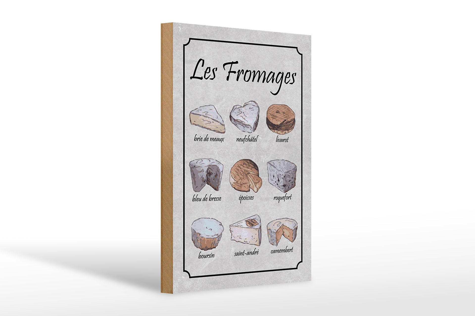 Femer GmbH Holzbild Essen 20x30 cm 9 französische Käsesorten Les Fromages, (1 St), Glatte Holzfaserplatte (MDF), vorn beschichtet