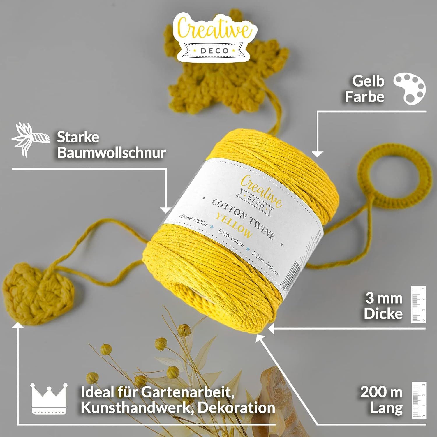 Creative Deco Makramee Garn 3 mm Baumwollkordel Baumwollschnur Baumwollgarn Nähgarn, 200,00 m, auf einer Spule gewickelt