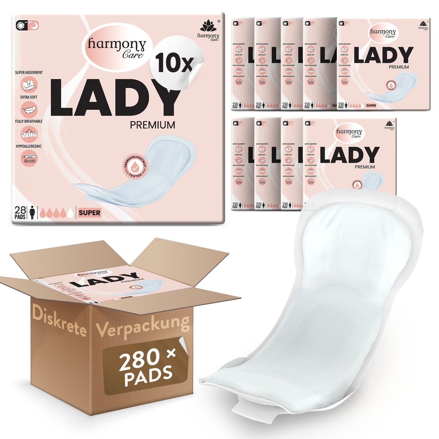 Harmony Care Inkontinenz-Einlage Harmony Care® Lady – Schutz & Komfort bei Blasenschwäche, mittlerer bis schwere Blasenschwäche, bis zu 800ml, 280-St., mit Auslaufschutz und Geruchskontrolle