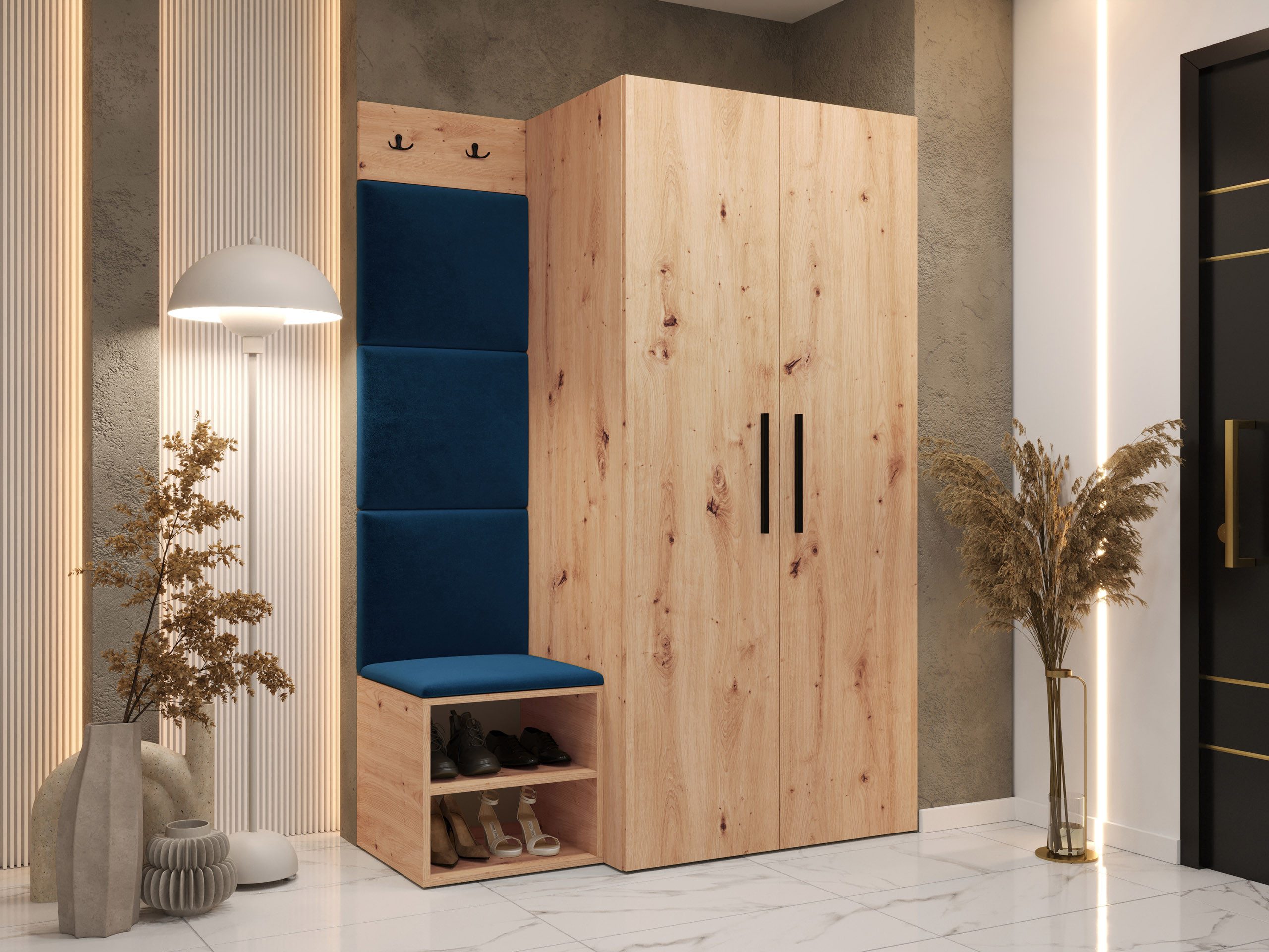 MIRJAN24 Garderoben-Set Medi IV, (Drehtürenschrank, Schuhschrank, 4x Paneel 42x42), 2 Kleiderhaken für Kleidung