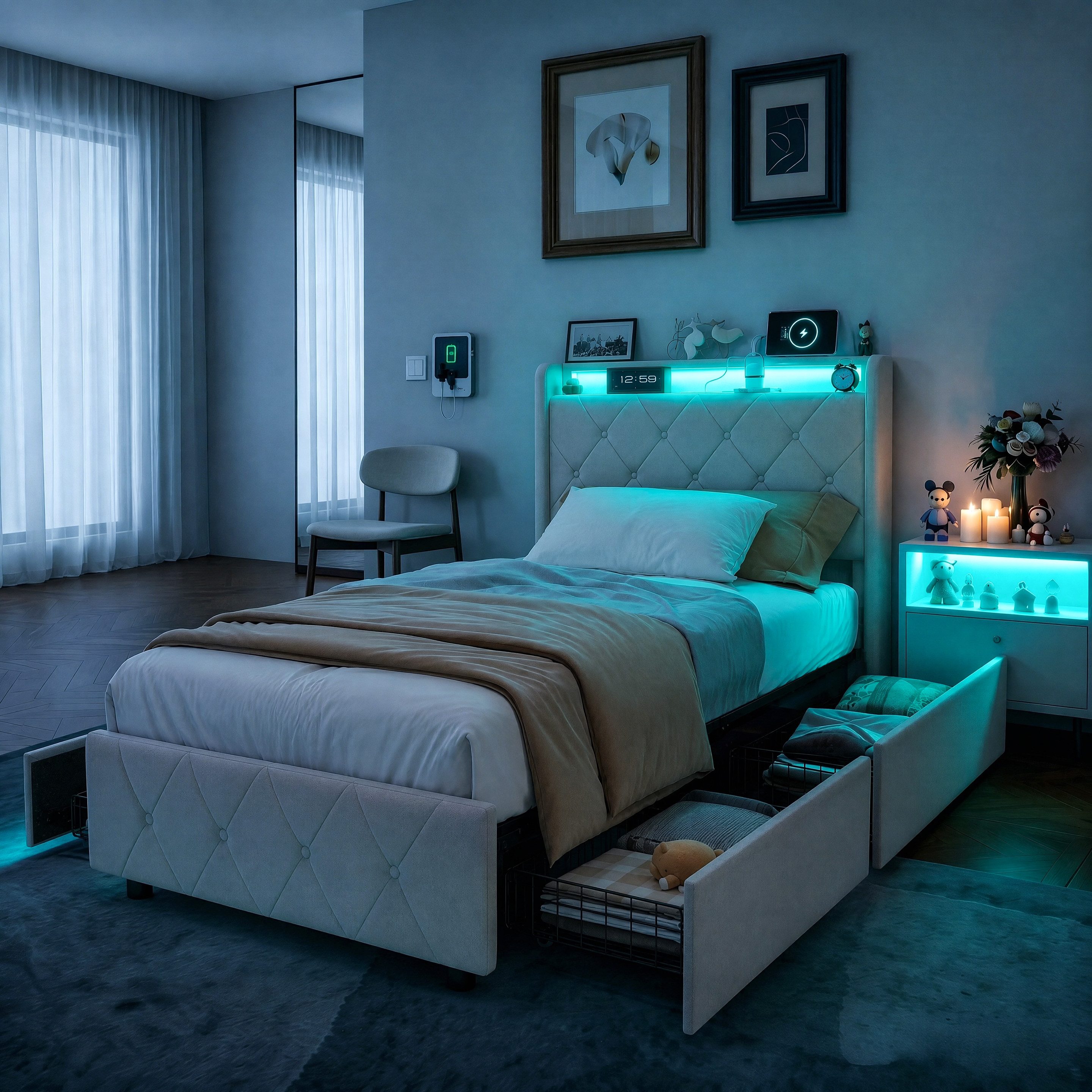 PXloue Polsterbett Led Doppelbett (1-tlg., Modernes Jugendbett, Leises Design Bett, Samtmaterial Polsterbett), Mit LED-Beleuchtung und Ladefunktion, Belastbarkeit 300 kg