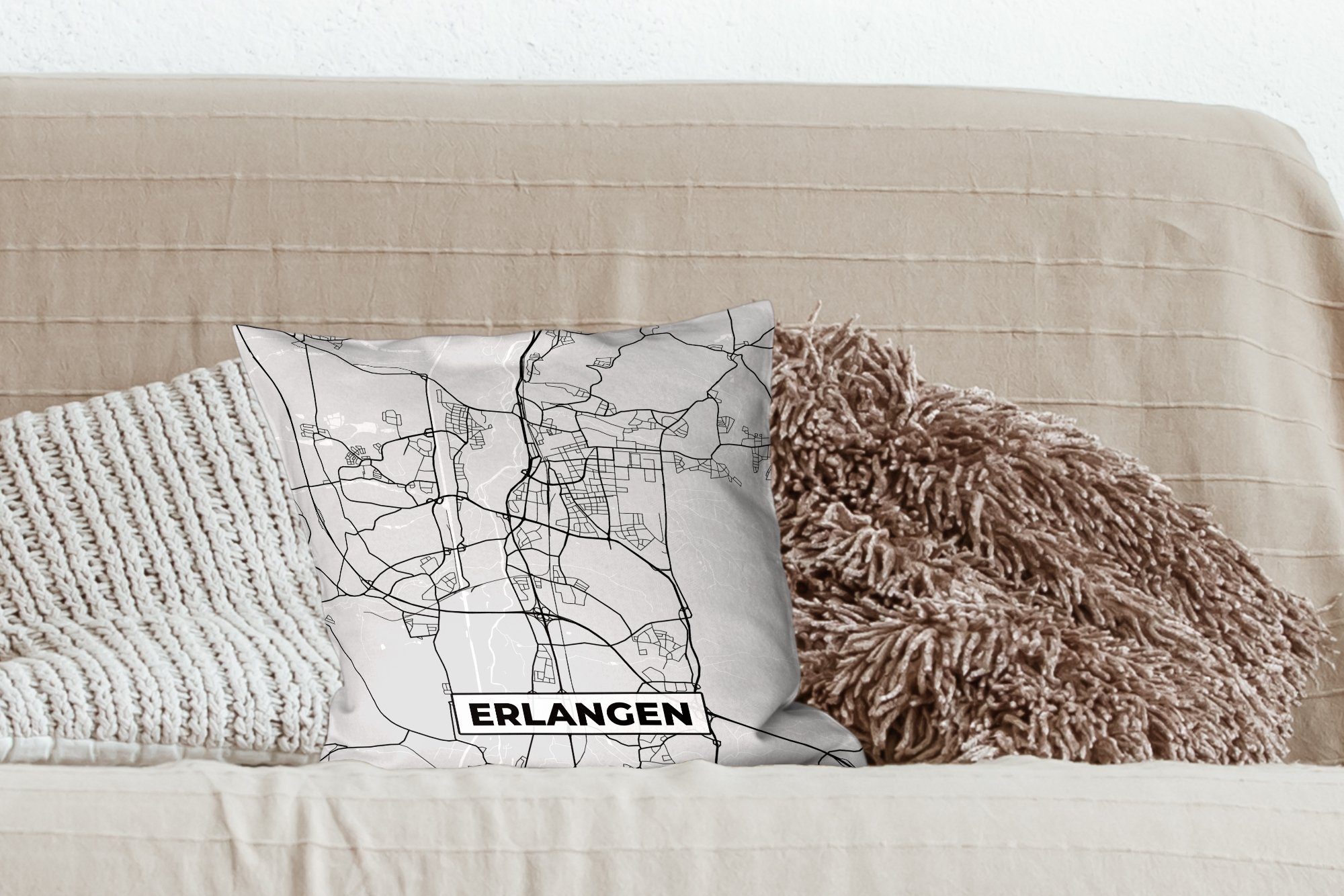 MuchoWow Dekokissen Stadtplan - Deutschland mit - Wohzimmer, Erlangen, - Deko, Karte Sofakissen Füllung Schlafzimmer, für Zierkissen