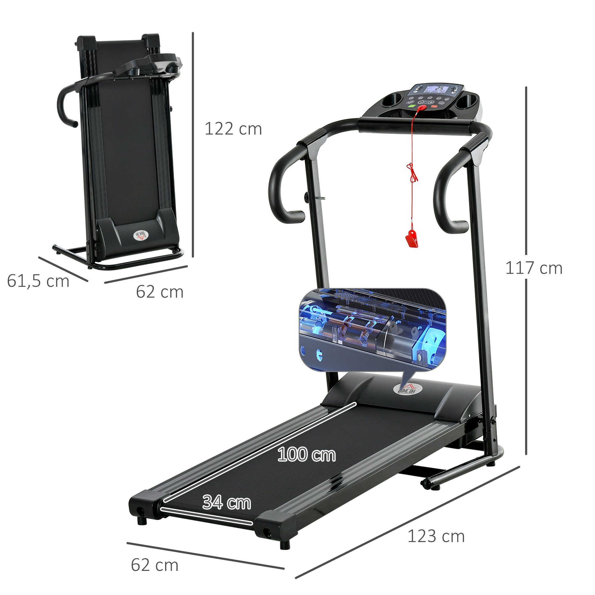 HOMCOM Laufband Loopband inklapbaar elektrisch 500 W 0,8-10 km/u, gym indoor fitness (Set, 1-tlg., mit LCD-Anzeige), 123L x 62B x 117H cm