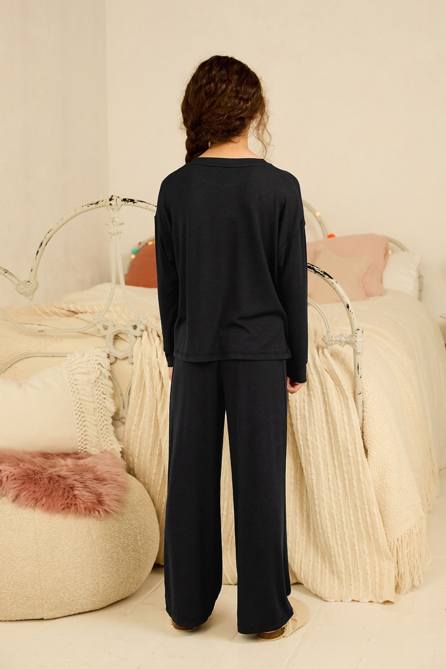 Next Pyjama Bein tlg) (2 Black mit Pyjama Gerippter weitem