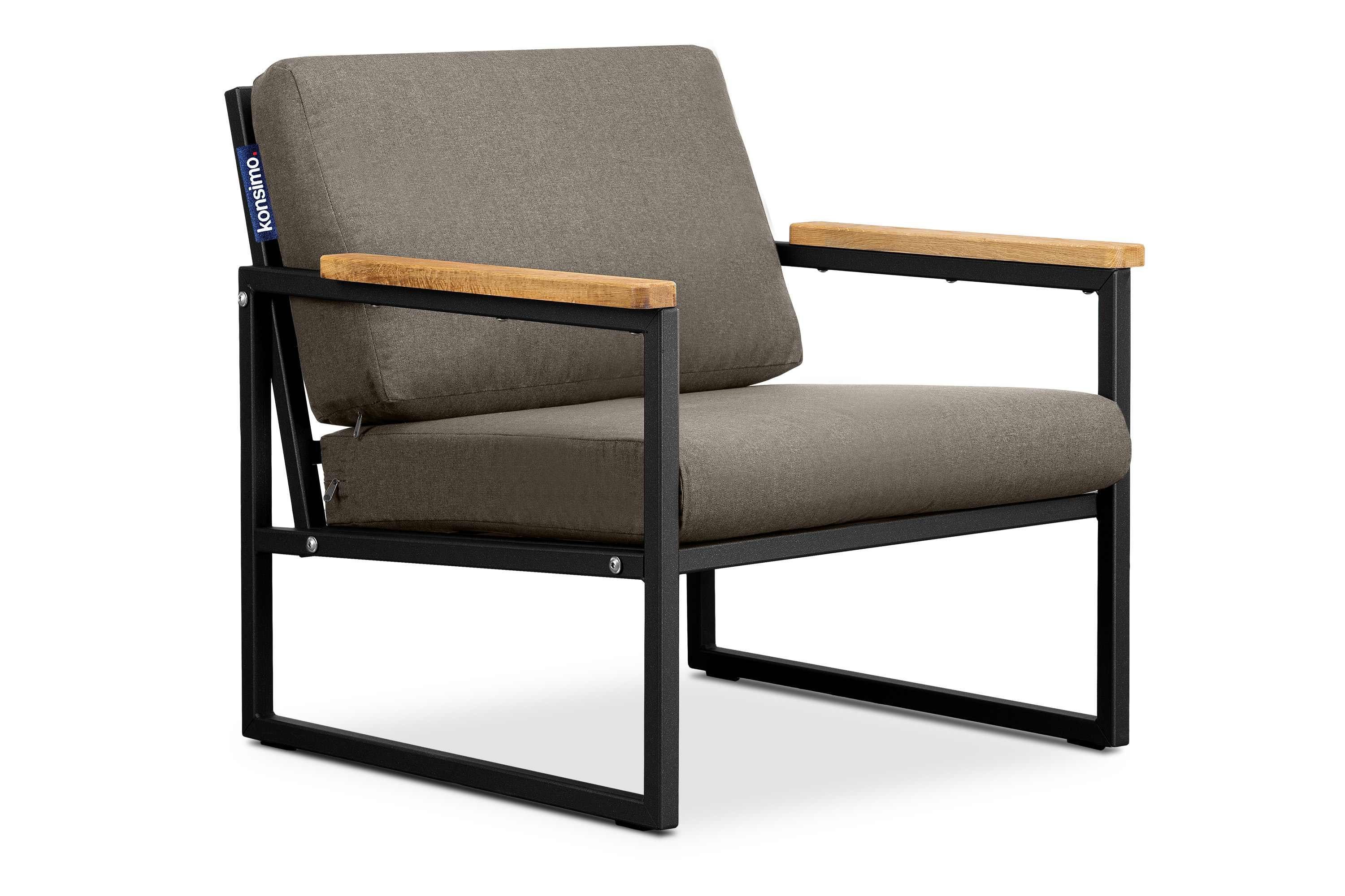Konsimo Gartensessel TRIBO Garten-Sessel (1x Sessel), schmutz- und wasserabweisend, UV-Beständigkeit, Handläufe aus geölter Eiche, Made in Europe schwarz/beige