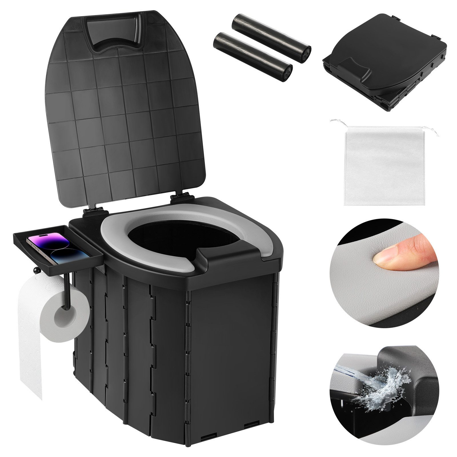 QUBEBU Campingtoilette Campingtoilette Tragbare Reisetoilette, 36L, max. Tragkraft bis 200kg, (mit Toilettenpapierhalter, Deckel & Handyhalterung, für Draußen oder Drinnen,faltbares Töpfchen für Autocamping)