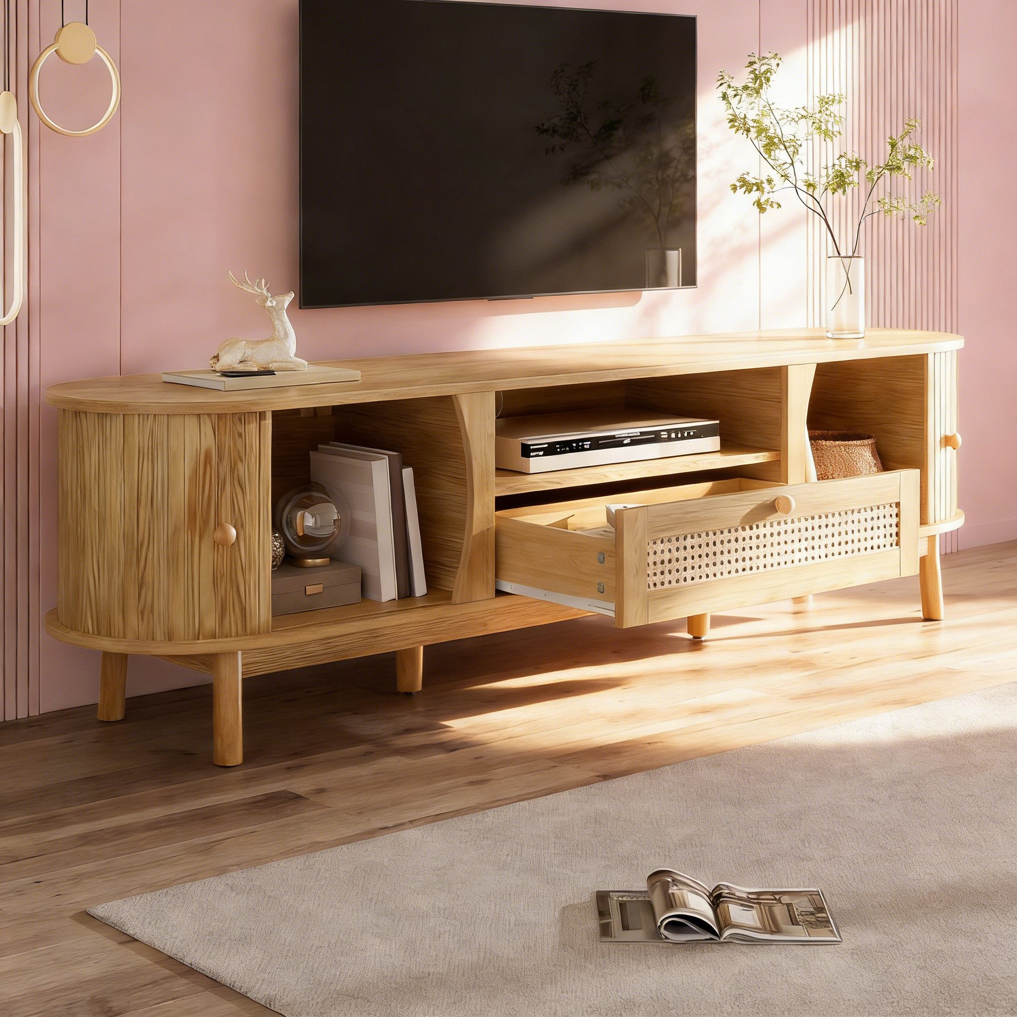 BlingBin TV-Schrank Lowboard aus Rattan, Fernsehschrank TV-Board TV-Ständer TV-Tisch (1er Set, 1-St., Gesamtabmessungen: 165 x 37 x 46 cm, Gewichtskapazität: 50kg) Fernsehtisch mit Massivholztüren und Schubladen für Wohnzimmer