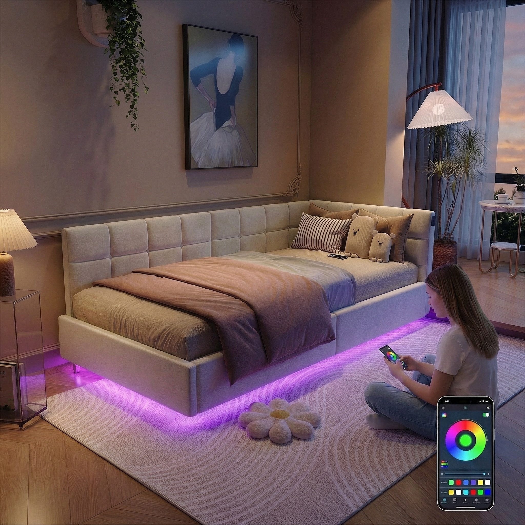 Gdood Polsterbett Daybett Jugendbett Tagesbett (1-tlg., Hydraulisch hebbarer Stauraum, Geeignet für Jungen und Mädchen), Mit LED-Beleuchtung, Ladefunktion, Samt, 90x200 cm
