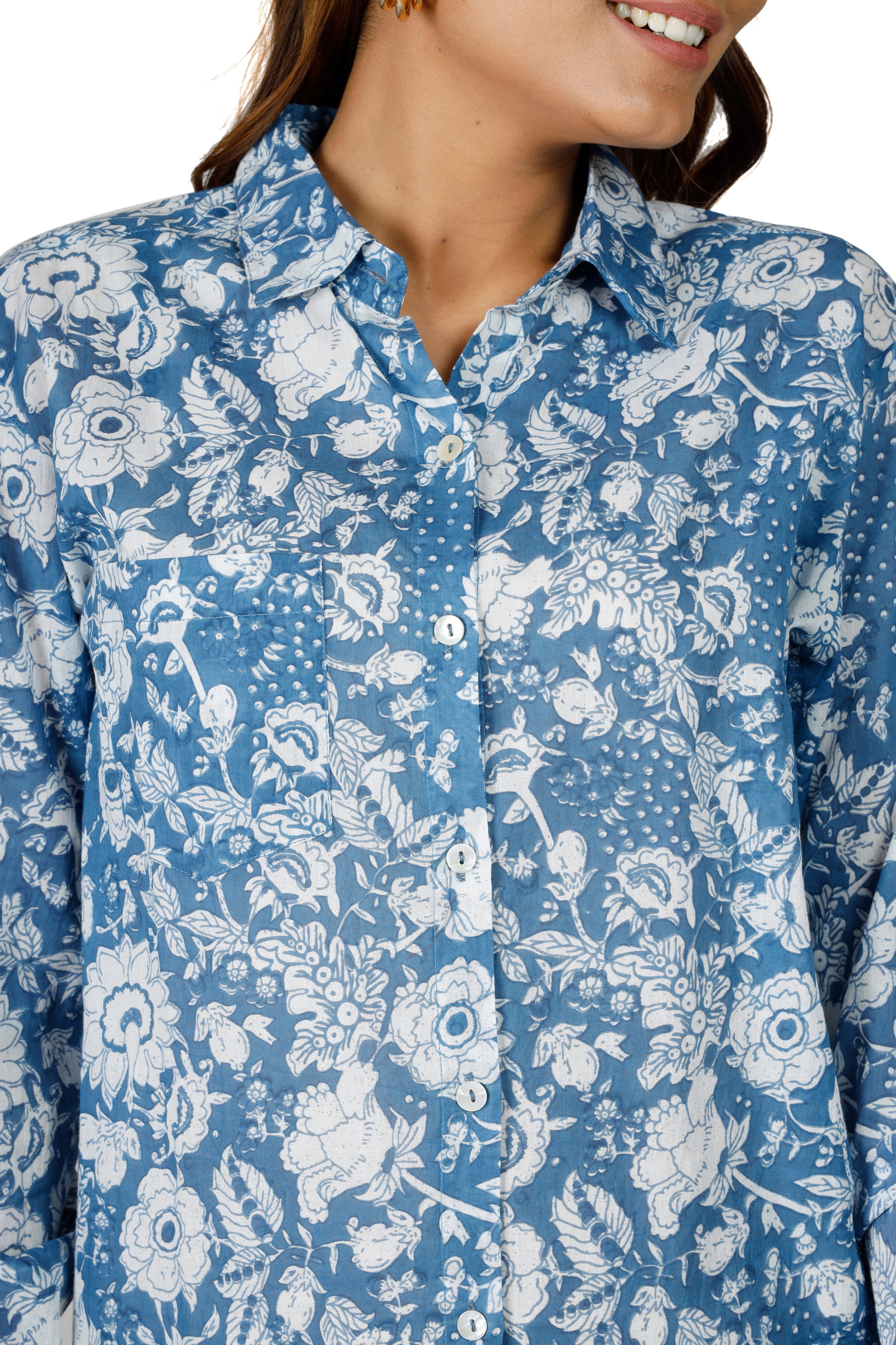 Guru-Shop Longbluse Handbedrucktes Boho luftiges.. alternative Langarmhemd, Bekleidung hellblau