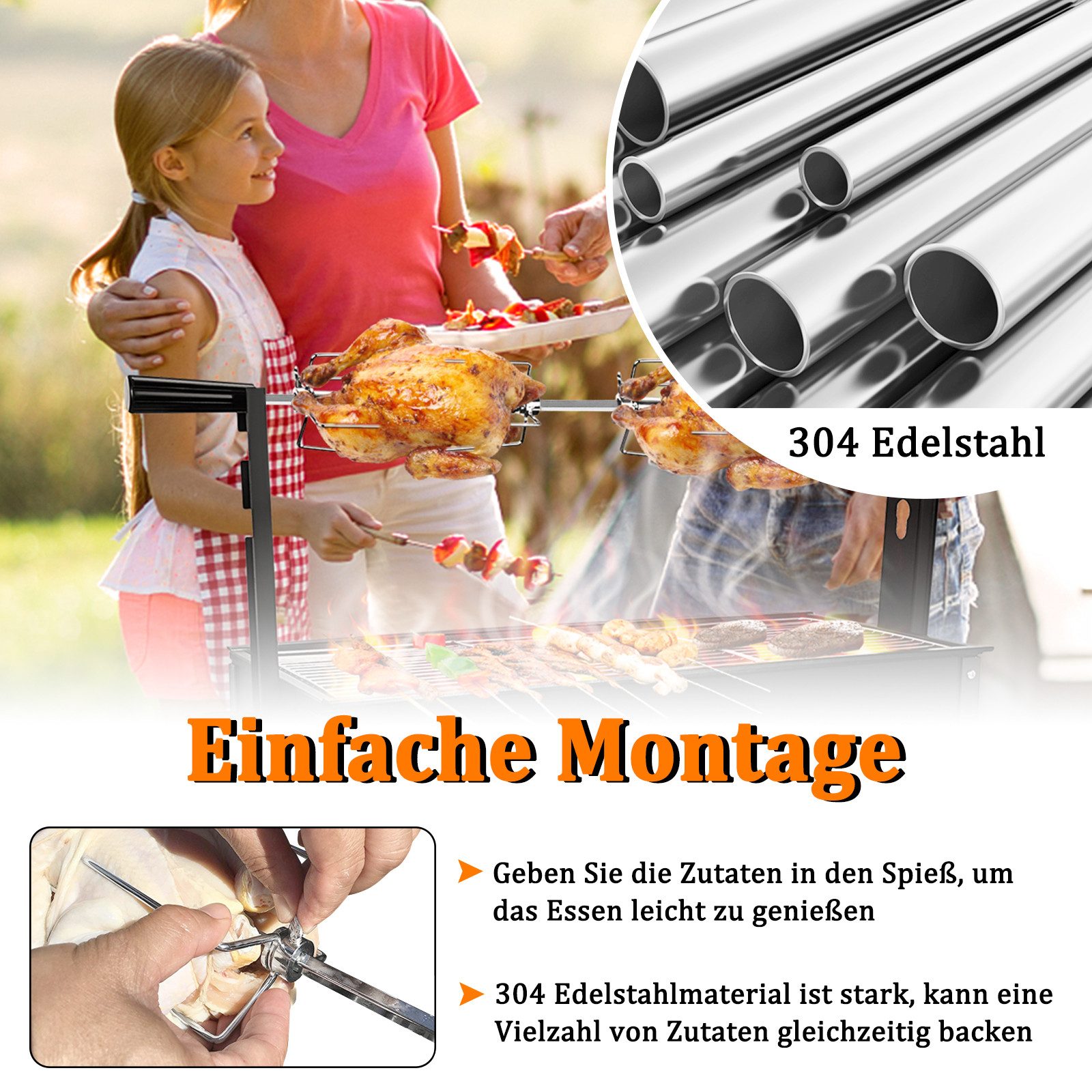 FIVMEN Grillspieß Edelstahl Spieß Set 107cm BBQ Fleischklammer mit Motor Drehspieß (Fleischnadeln, 4-St) – Bild 5 von 5