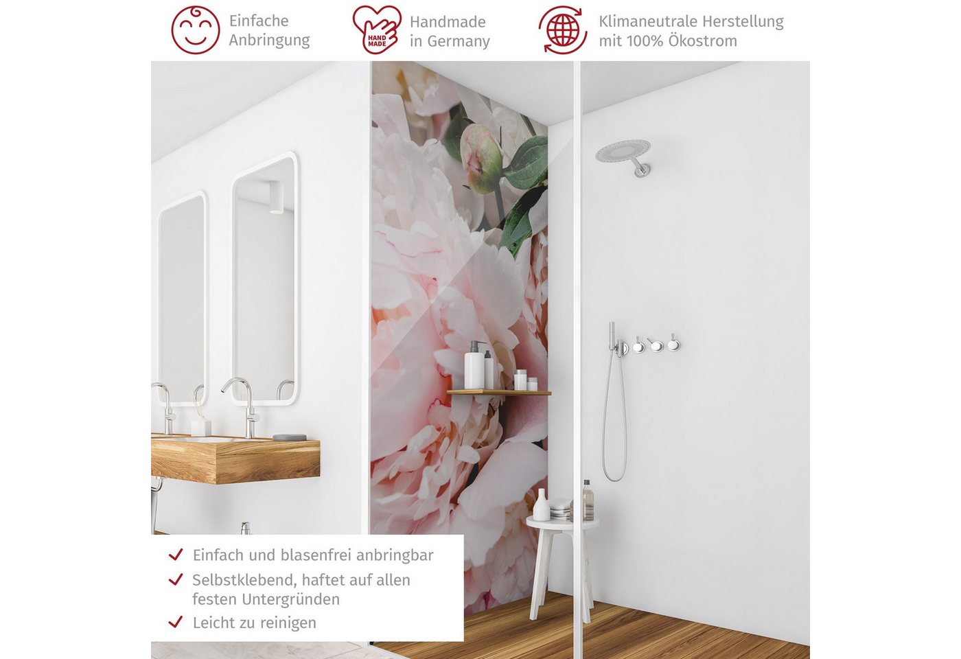 Thumbnail - Bilderdepot24 Badrückwand Blumen rosa Duschrückwand ohne Bohren Dusche Landhaus, (1-tlg., Hart-Folie Smart matt 0,35 mm)...