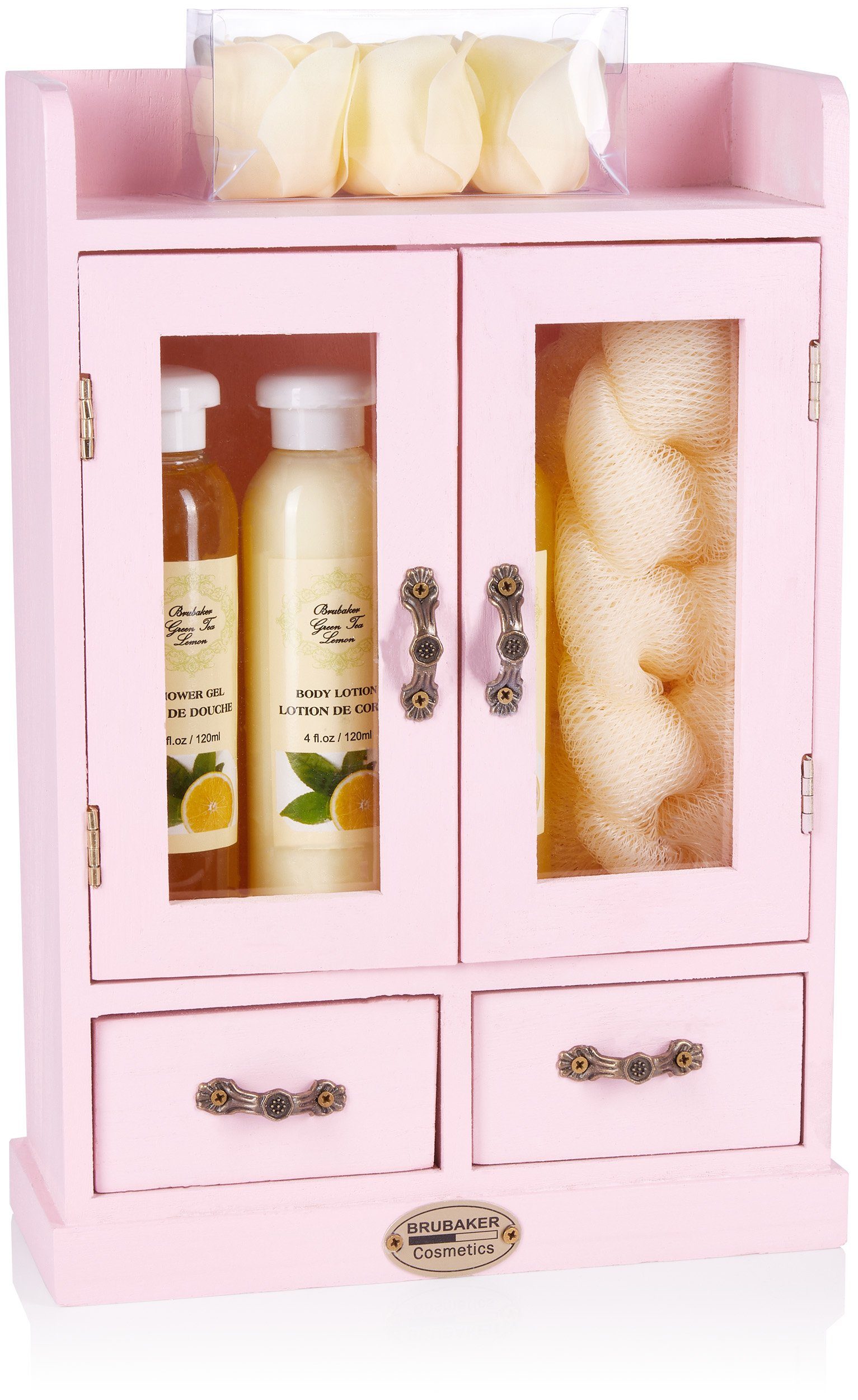 BRUBAKER Hautreinigungs-Set Bade- und Dusch Set - Pflegeset mit Grüner Tee & Lemon Duft, 10-tlg., Beauty Geschenkset im Vintage-Schränkchen, Badeset