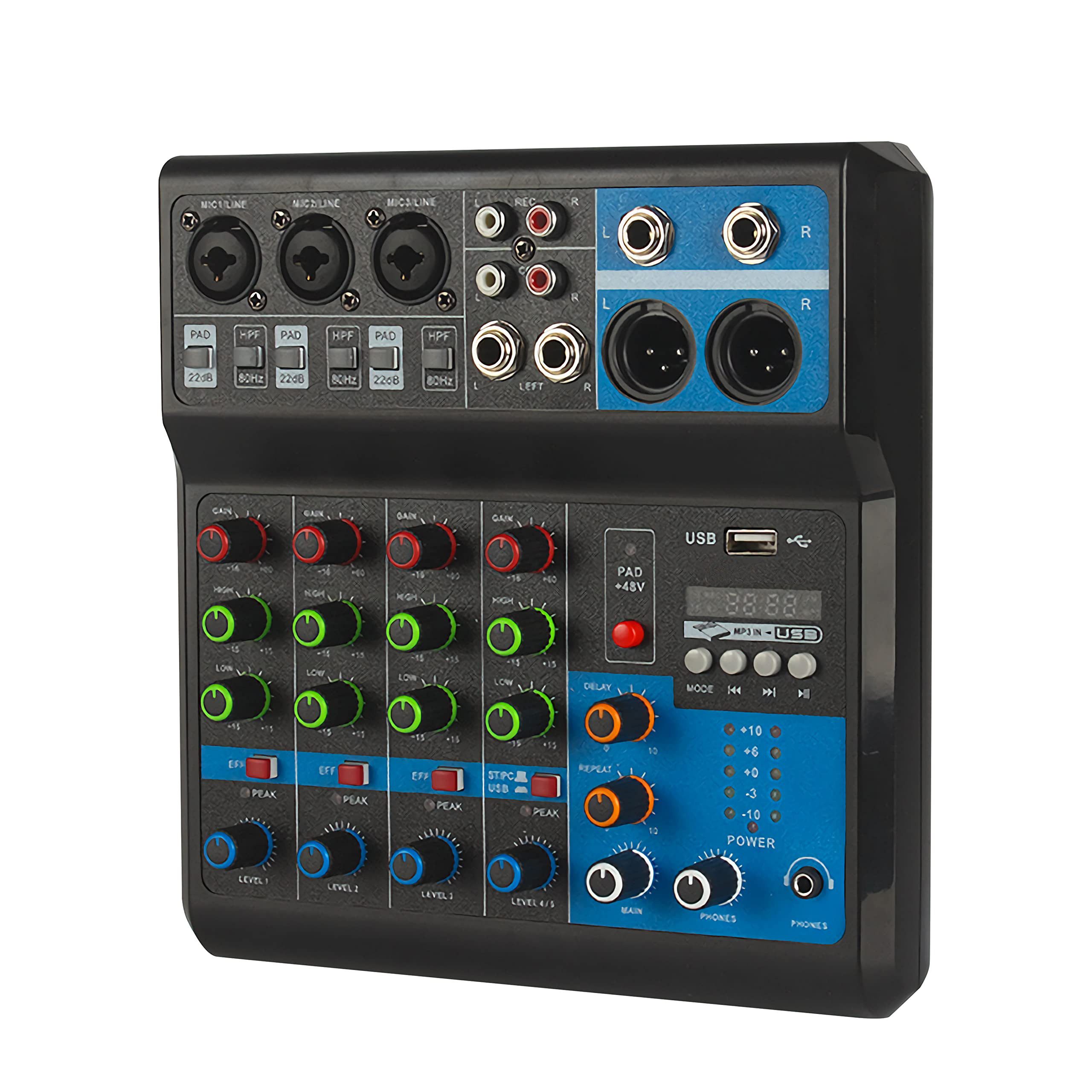 nsihing Mischpult Mini-Audio-DJ-Mixer, Soundboard-Konsolensystem, 5-Kanal, 48 V, Phantomspeisung mit Bluetooth, USB, MP3, Stereo, Live-DJ-Studio
