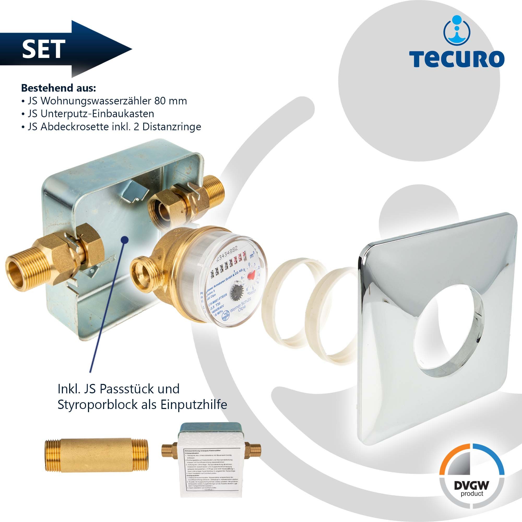Thumbnail - tecuro Wasserzähler Unterputz Einstrahlzähler System ETK Komplett-SET, Länge 80 mm, (Komplett-Set)