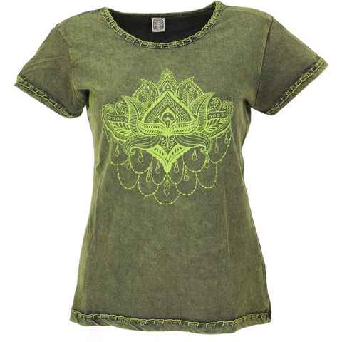 Guru-Shop T-Shirt Boho T-Shirt mit Lotusdruck, Stonewash Yoga.. Festival, Ethno Style, alternative Bekleidung
