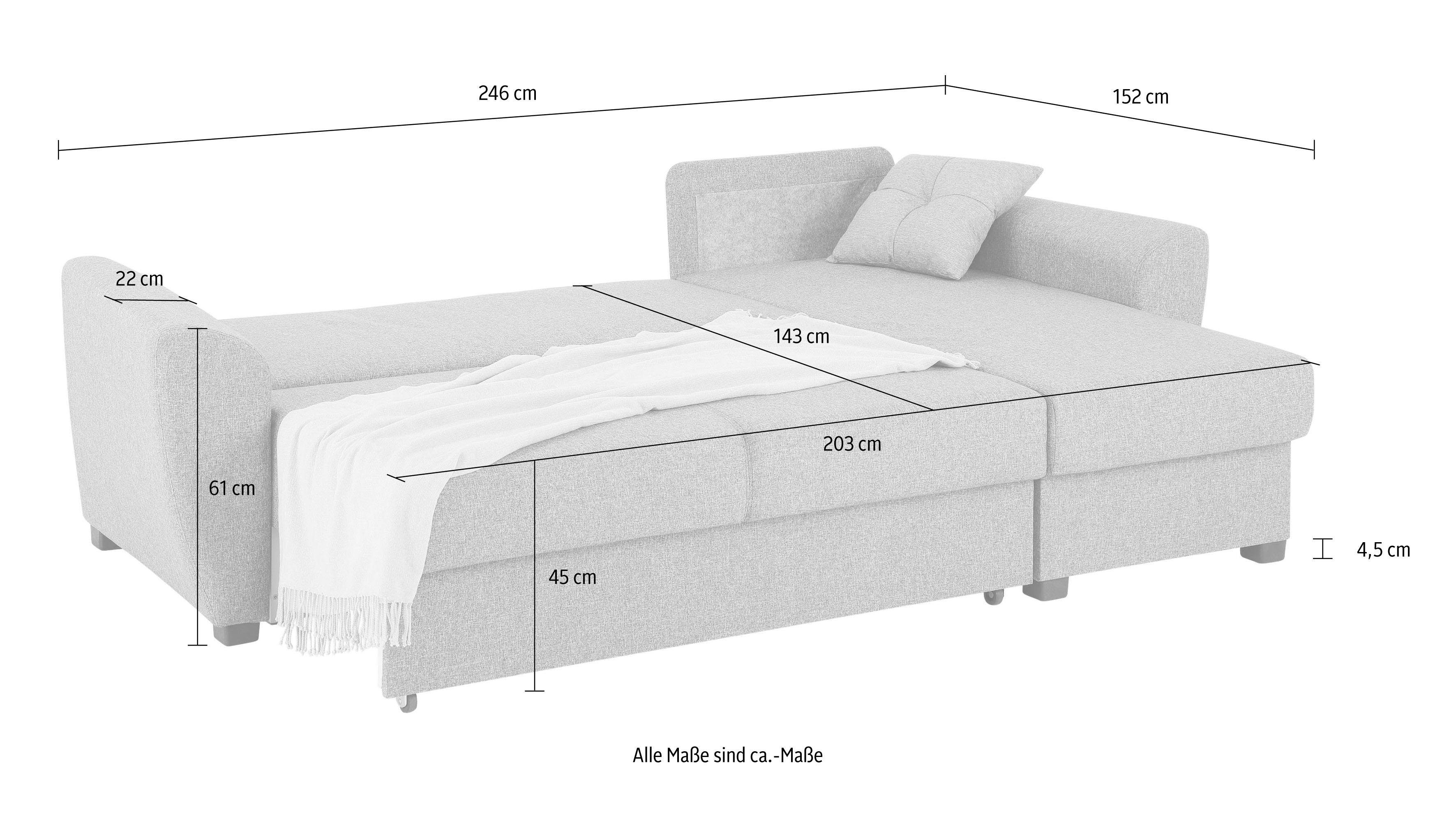 Home affaire Ecksofa Quin L-Form, mit Bettfunktion, Bettkasten und Zierkissen, mit Federkern