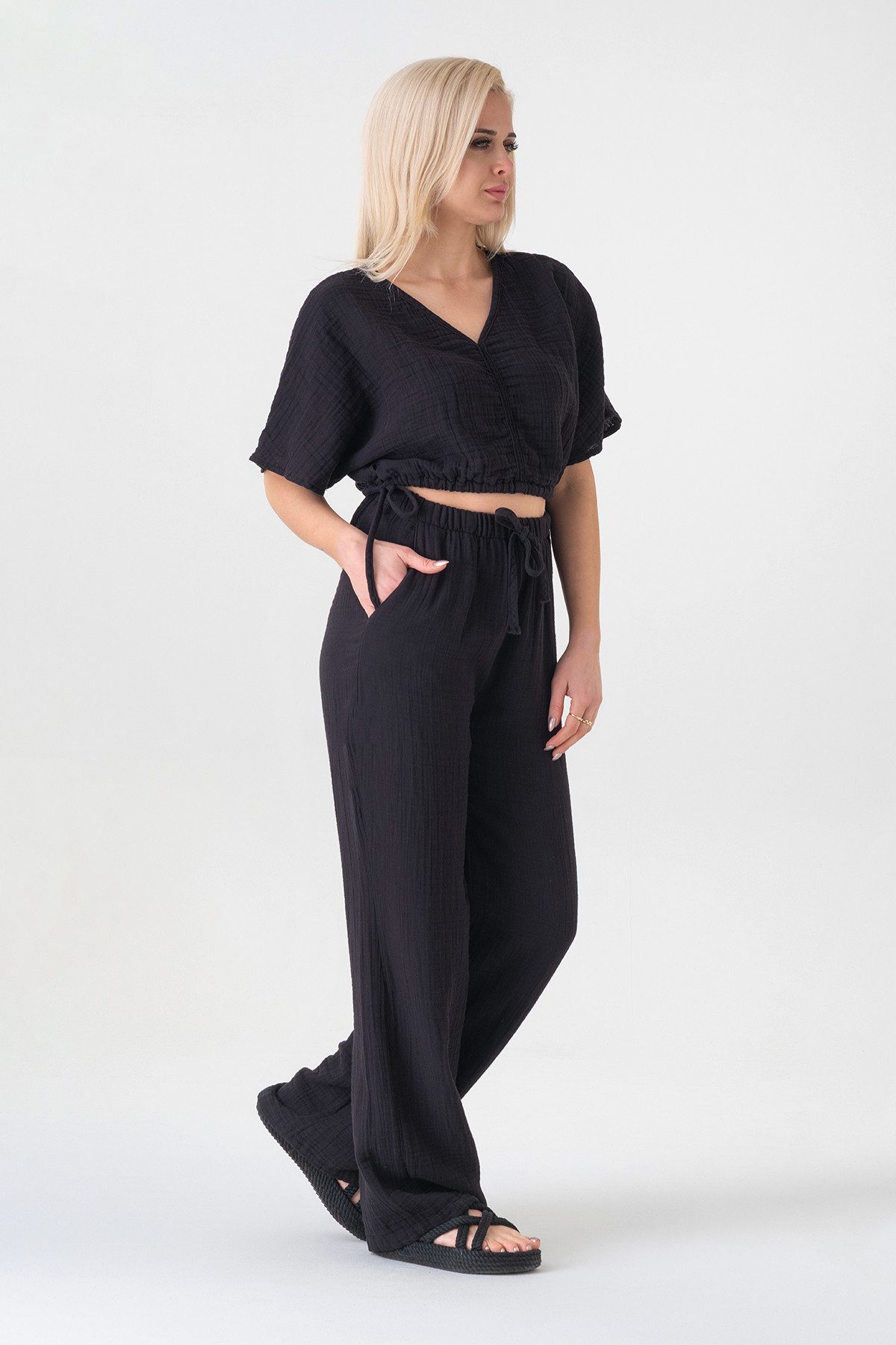 WENOR Palazzohose Damen Musselin-Hose - Sommerhose 100 % Baumwolle, elastischer Bund Weiter Beinverlauf, Musselinstruktur, luftiger Schnitt