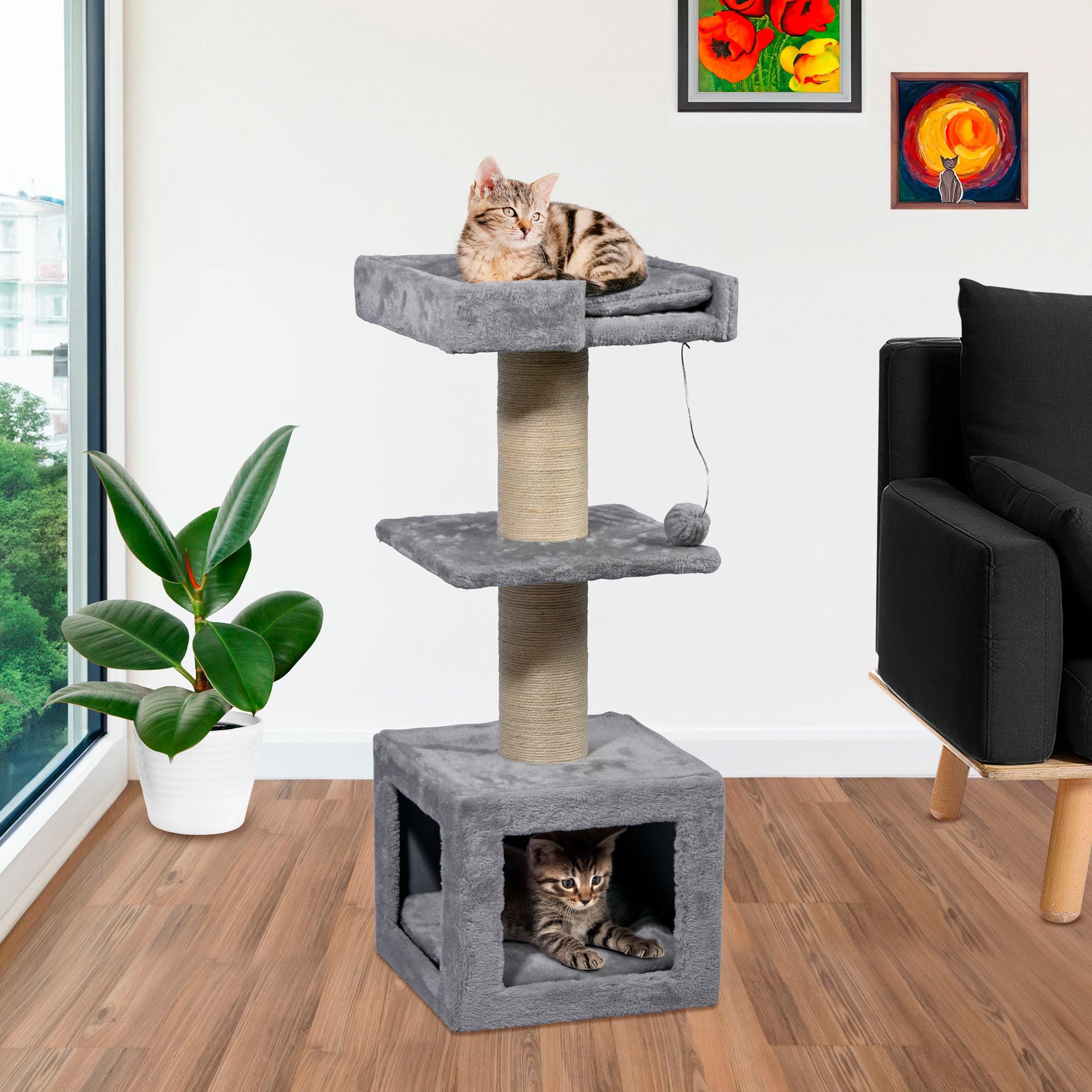 dobar Tierhaus Kratzbaum "Easy" aus Holz mit Kuschelhöhle, Maße 37x37x93 cm - Grau