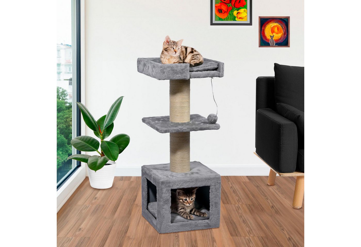 Thumbnail - dobar Tierhaus Kratzbaum "Easy" aus Holz mit Kuschelhöhle, Maße 37x37x93 cm - Grau