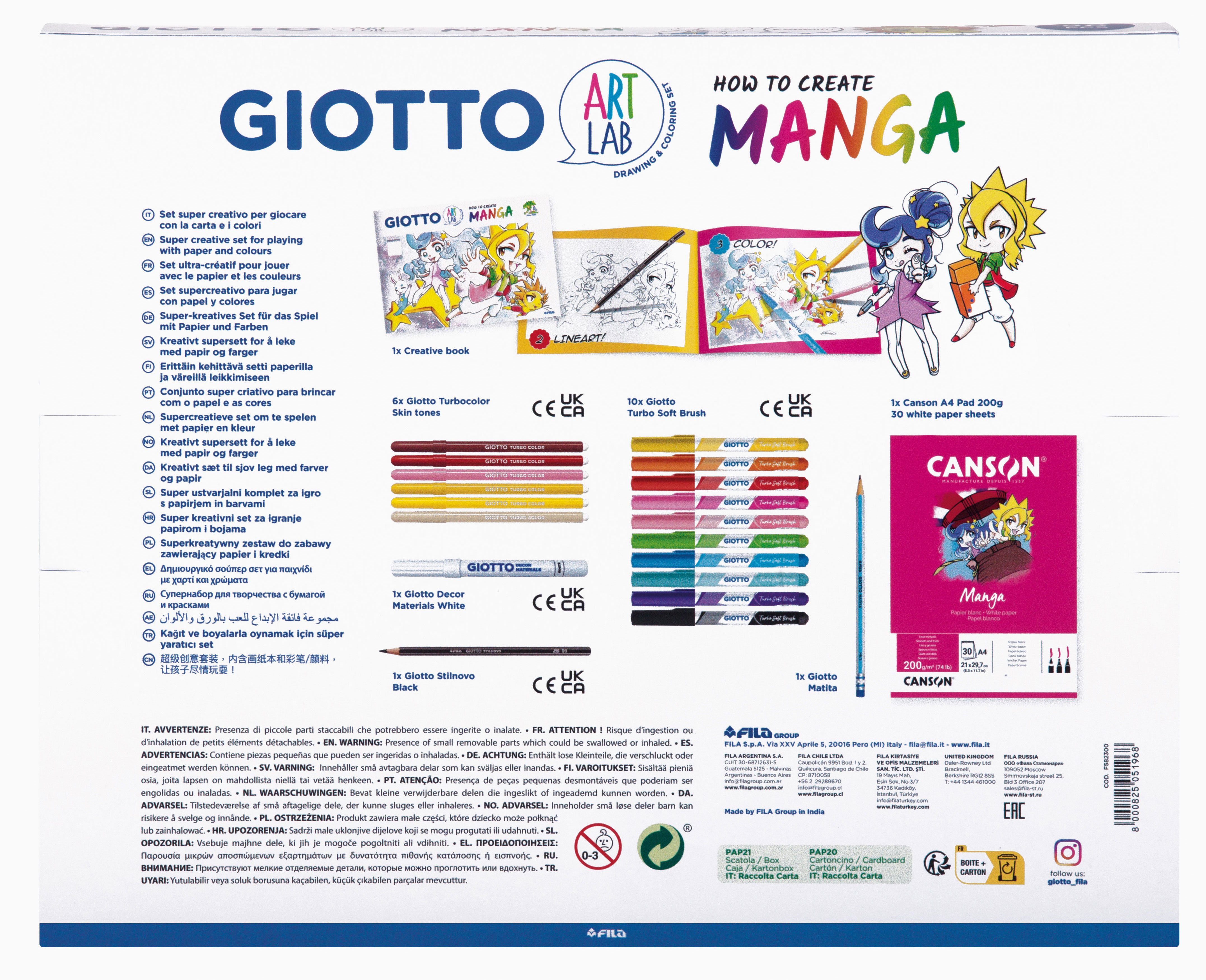 GIOTTO Malkreide Giotto Art LAB How to create Manga Komplettset 50 Teile, (Set aus Papier, Stifte und Buch, Set aus Papier, Stifte und Buch)