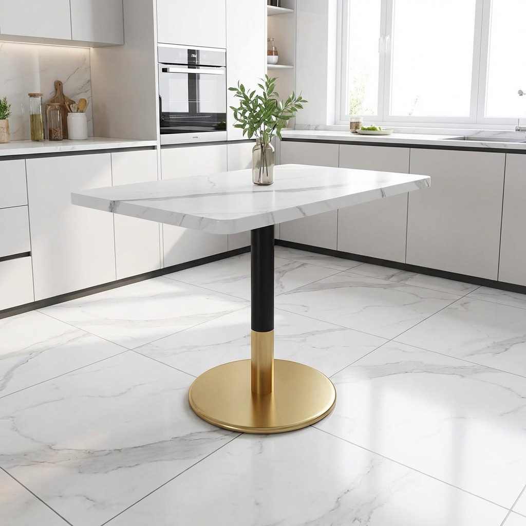 OKWISH Esstisch 80x60 cm Esstisch für 2 Personen in Weiß Marmoroptik mit Goldfuß (Packung, 1-St., aus MDF, Kleiner Küchentisch mit schwarzem Metallsäulenfuß), Besprechungstisch für Esszimmer, Küche, Büro & Meetingraum