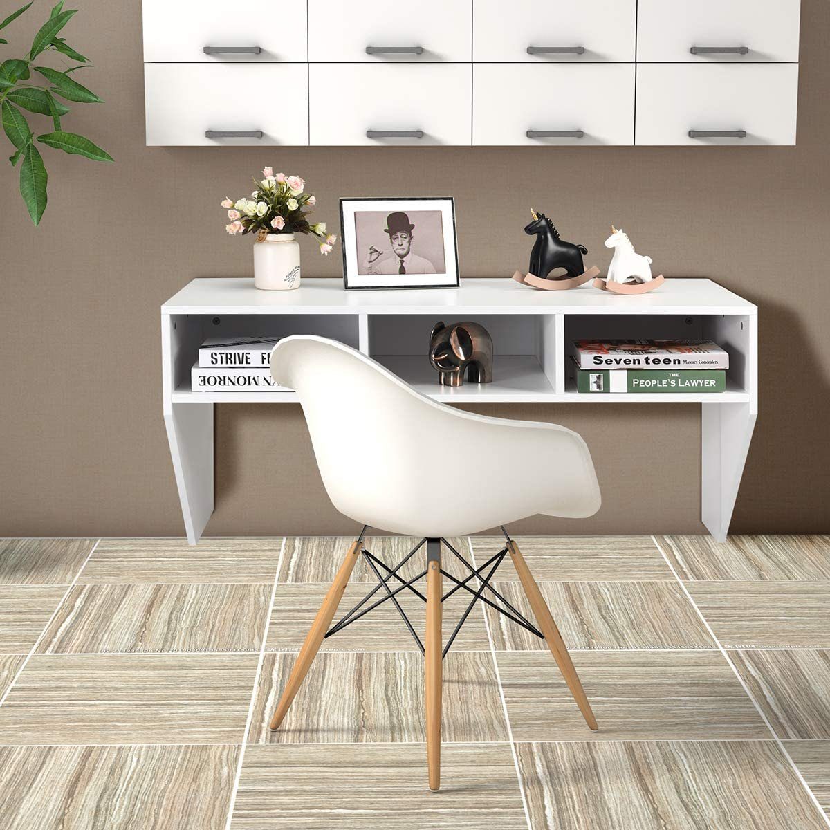 KOMFOTTEU Schreibtisch aus Fächer, Wandschrank, Weiß mit Wandtisch Holz 3