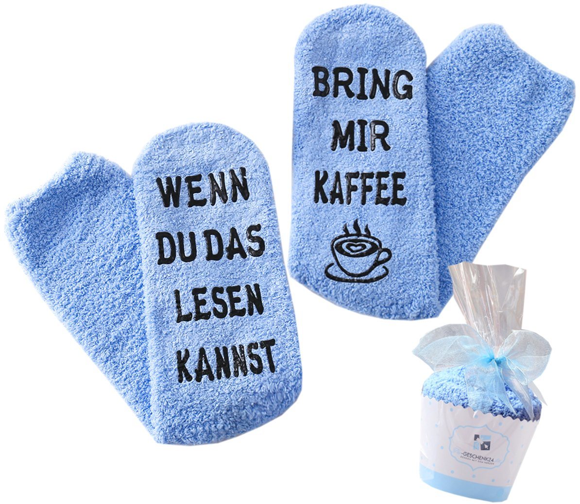 Lucadeau Kuschelsocken mit Spruch "bring mir Kaffee", Geschenk zu Weihnachten (Cupcake Verpackung, 1 Paar) rutschfest, Gr. 36-43, Geschenke für Frauen, Geburtstagsgeschenk