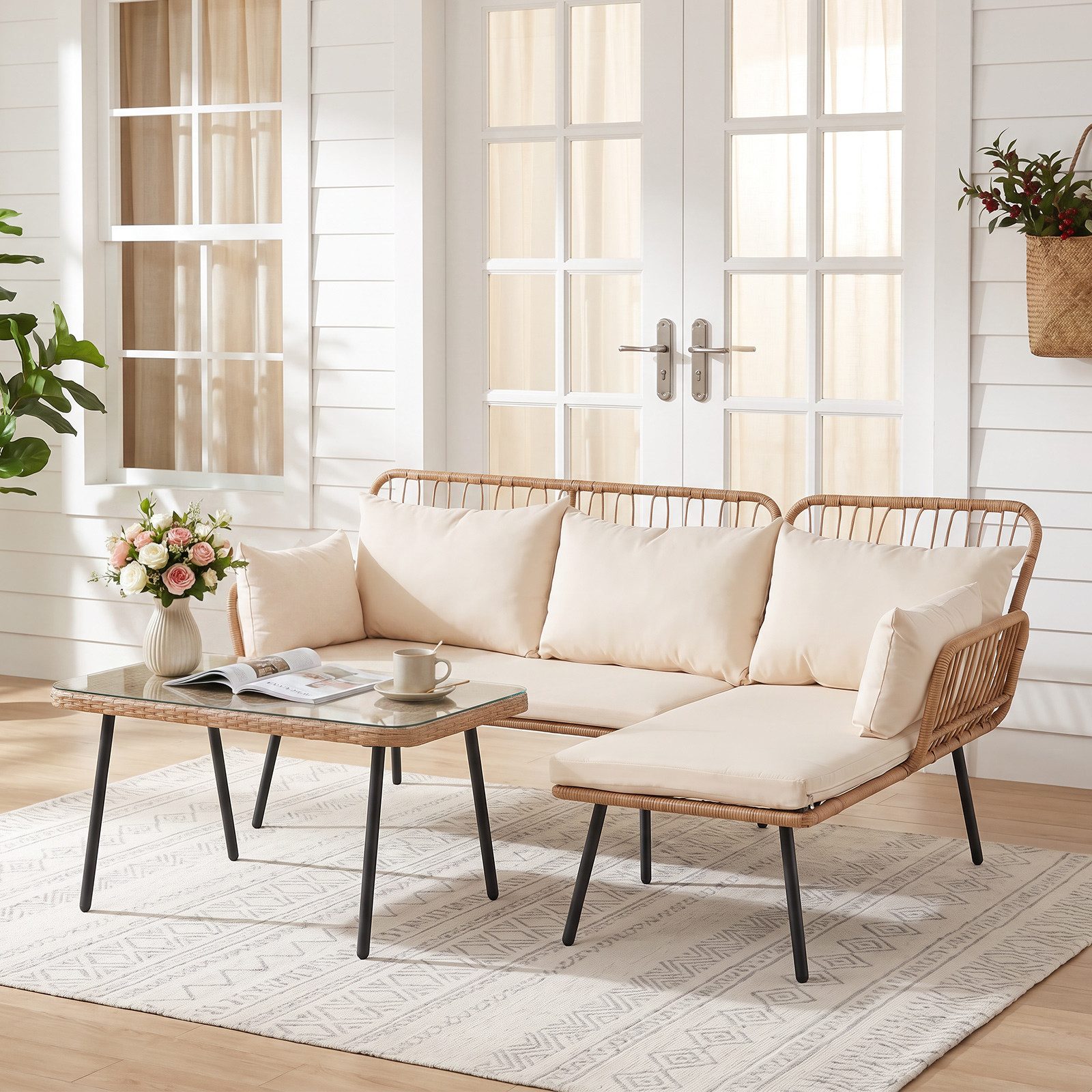 COSTWAY Gartensofa, 3-teiliges Gartenmöbel Set mit Couchtisch, 5 Kissen