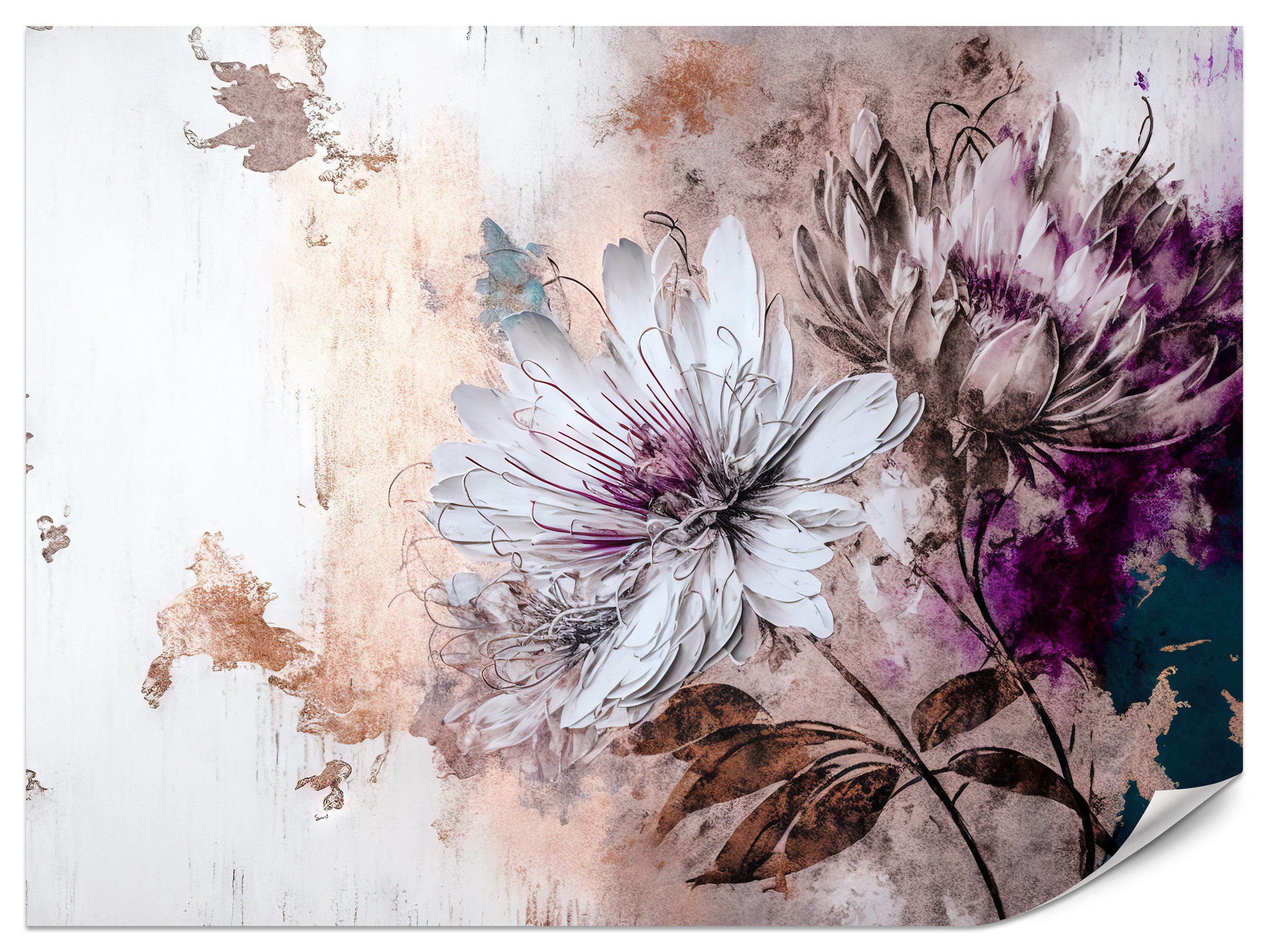 Muralo Fototapete Vliestapete - Abstrakte Blumen in Beige und Violett, Glatt, Grafisch, (Packung, 1 St., 100x70 cm), Kleber im Set, 3D-Optik, Wohnzimmer-Dekoration