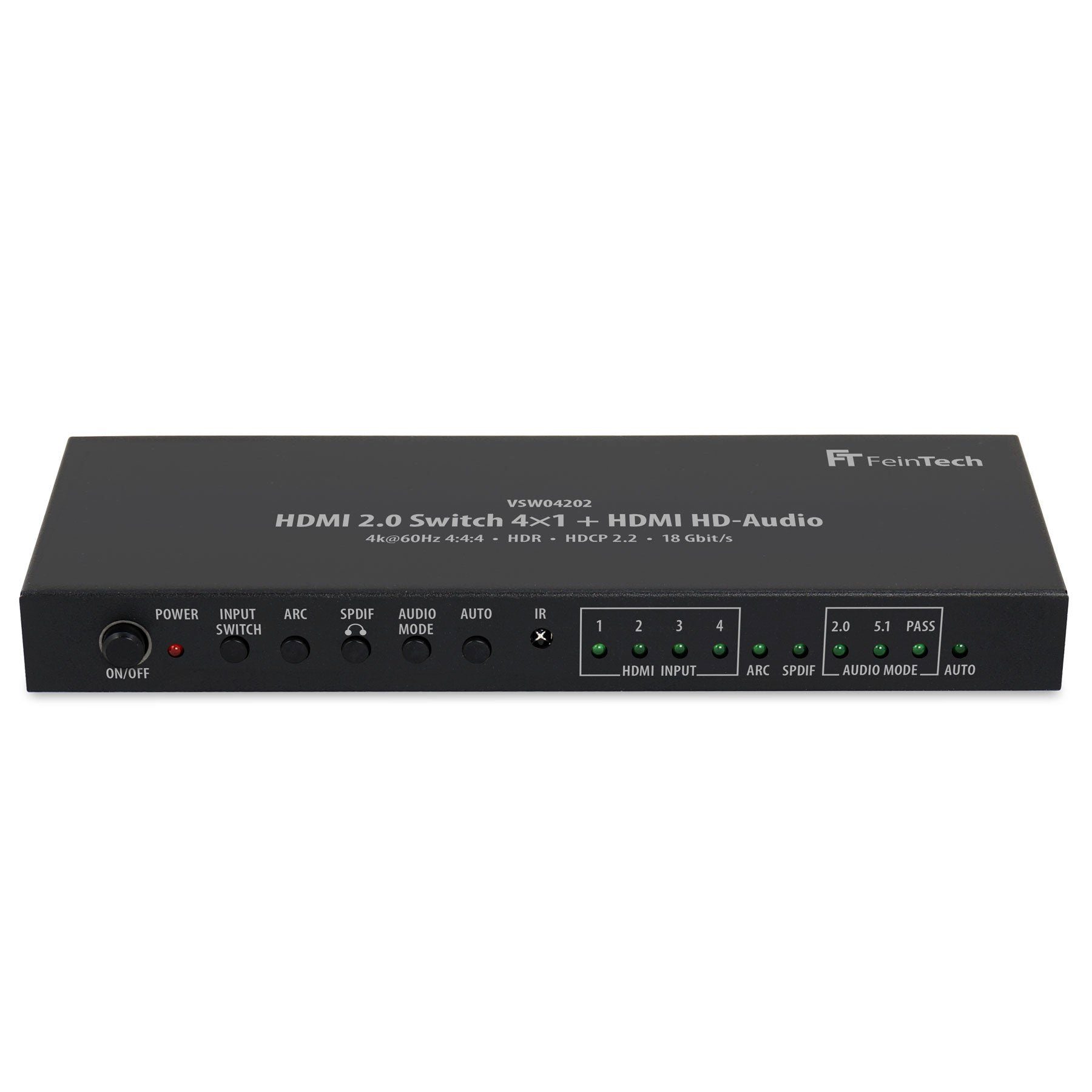 FeinTech HDMI-Splitter VSW04202 HDMI-Switch 4K 60Hz 4 In 1 Out + HDMI-Audio Out, extrahiert HD-Audio & Dolby Atmos