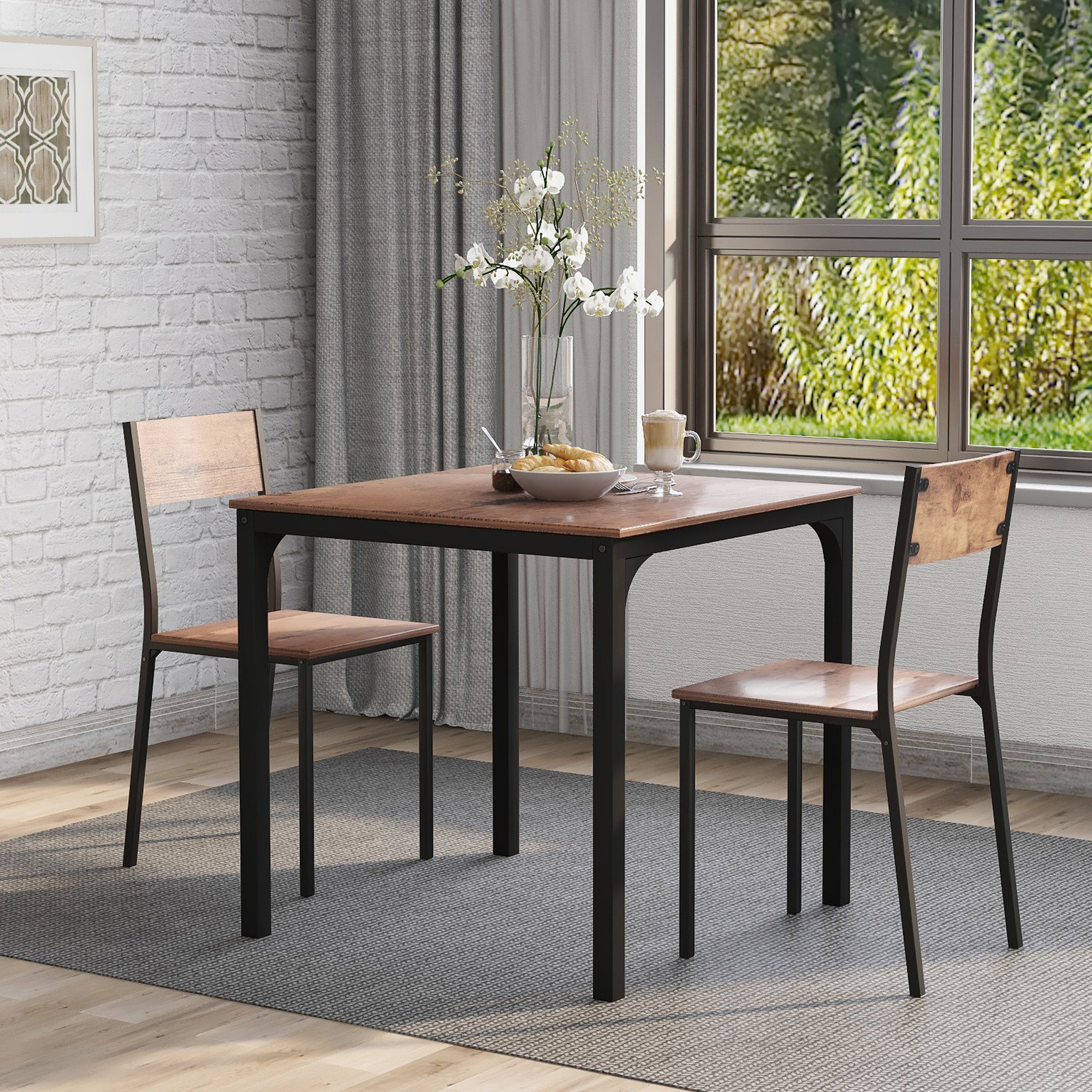Flieks Essgruppe, (set,3-tlg), Sitzgruppe Küchentisch mit 2 Stühlen für Esszimmer Küche Wohnzimmer Braun | Braun