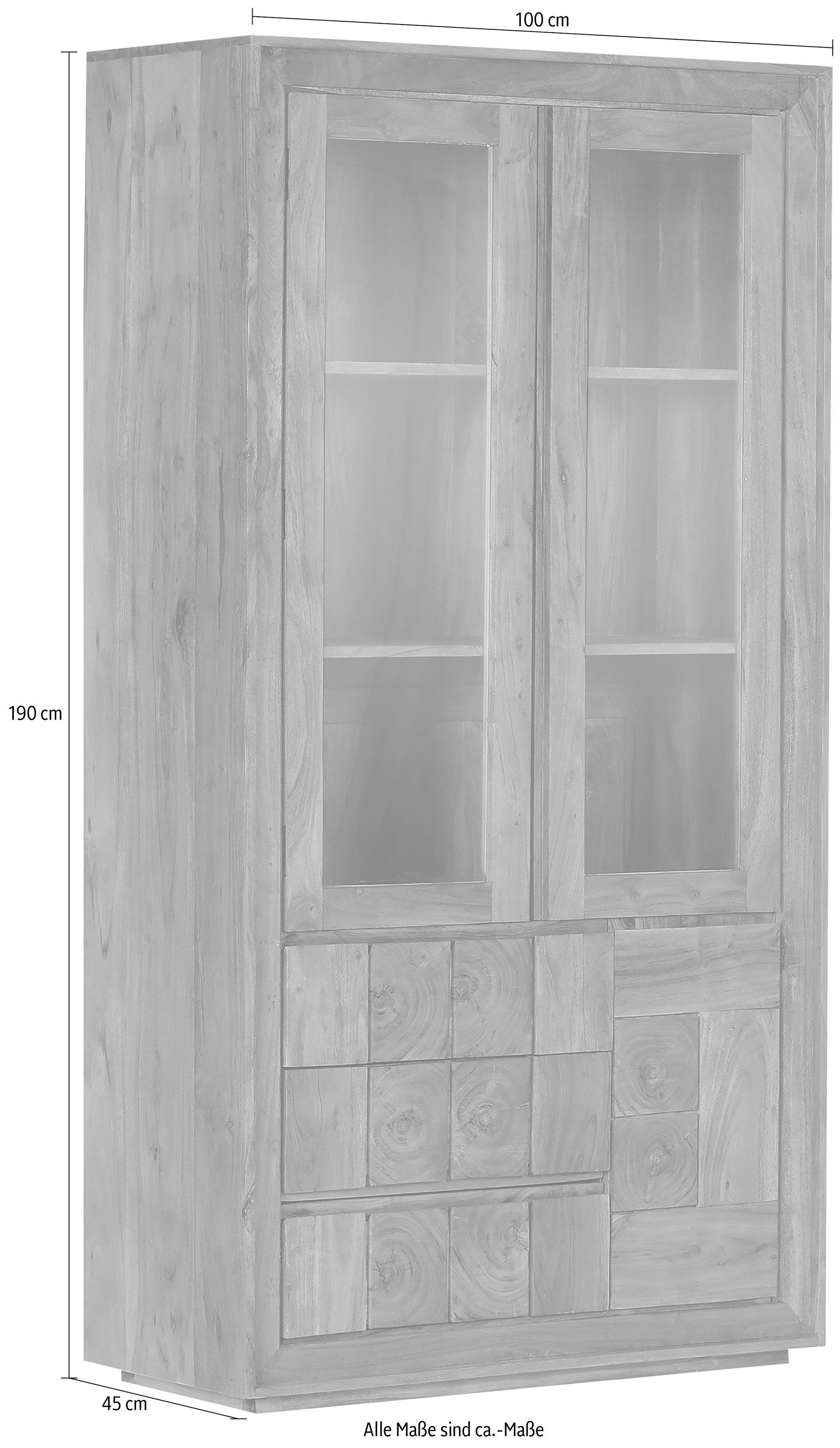 Gutmann Factory Vitrine Timber aus massivem Akazienholz mit vier Türen, Höhe 190 cm