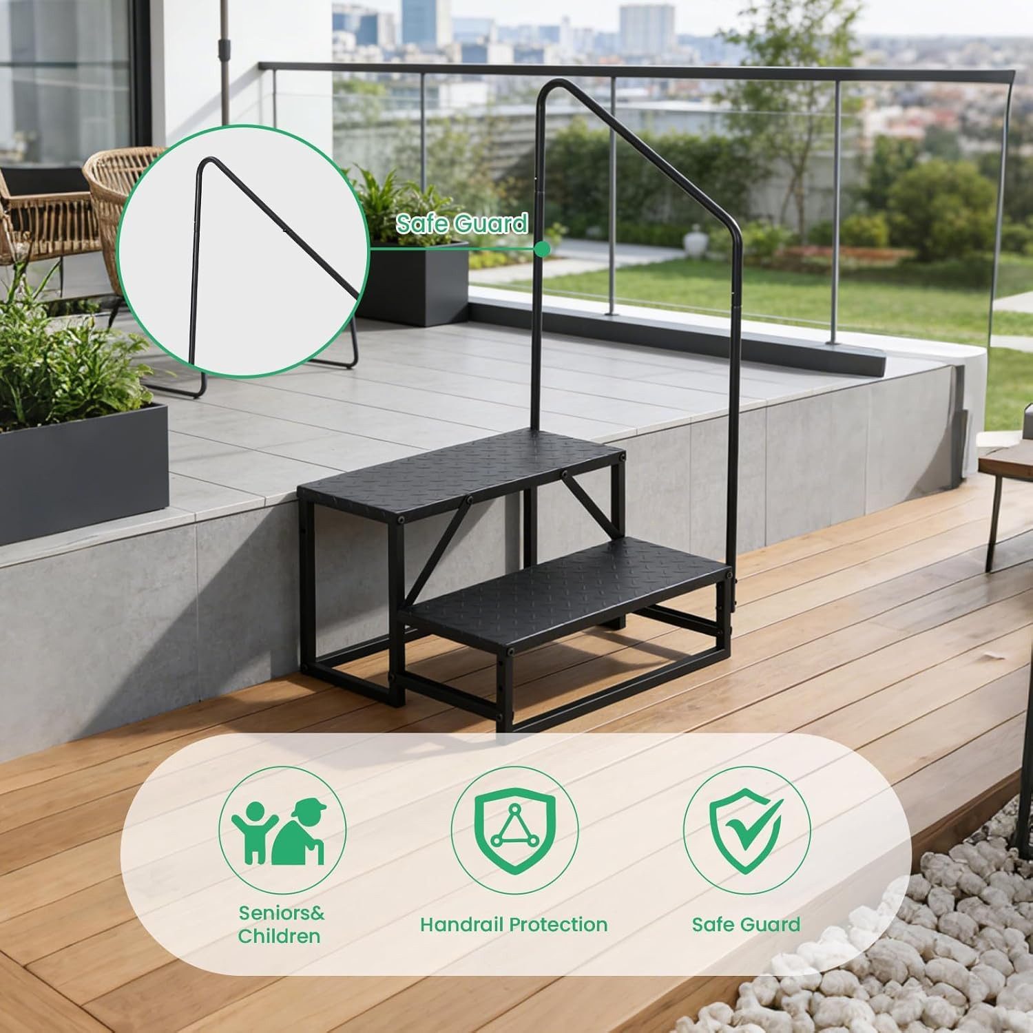 GarveeMore Treppenstufe mit Handlauf für Wohnmobile,Whirlpool und Pool,300 kg Tragkraft, tragbare Außentreppe für Wohnwagen und Wohnmobile – Bild 4 von 5