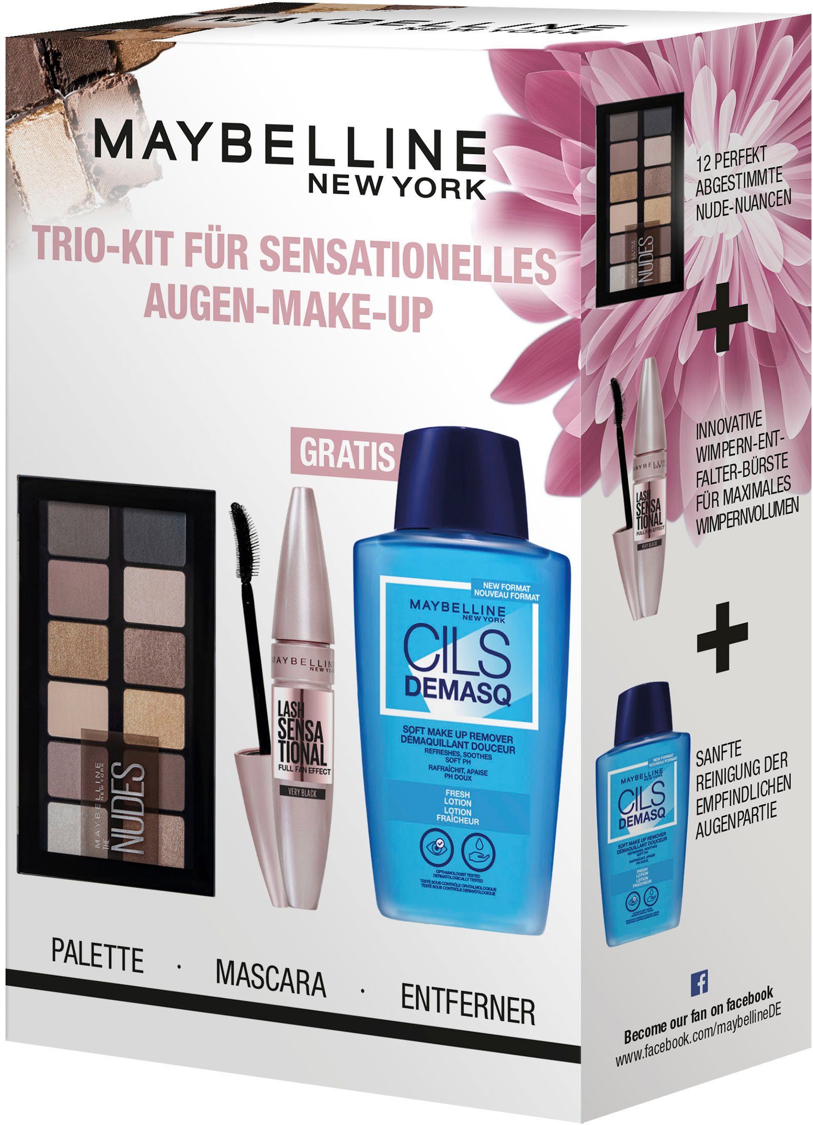 MAYBELLINE NEW YORK Schmink-Set Maybelline New York Trio Kit Augen Make-Up Set, 3-tlg., Mascara, Lidschatten Palette, Augen-Up-Entferner, definierend