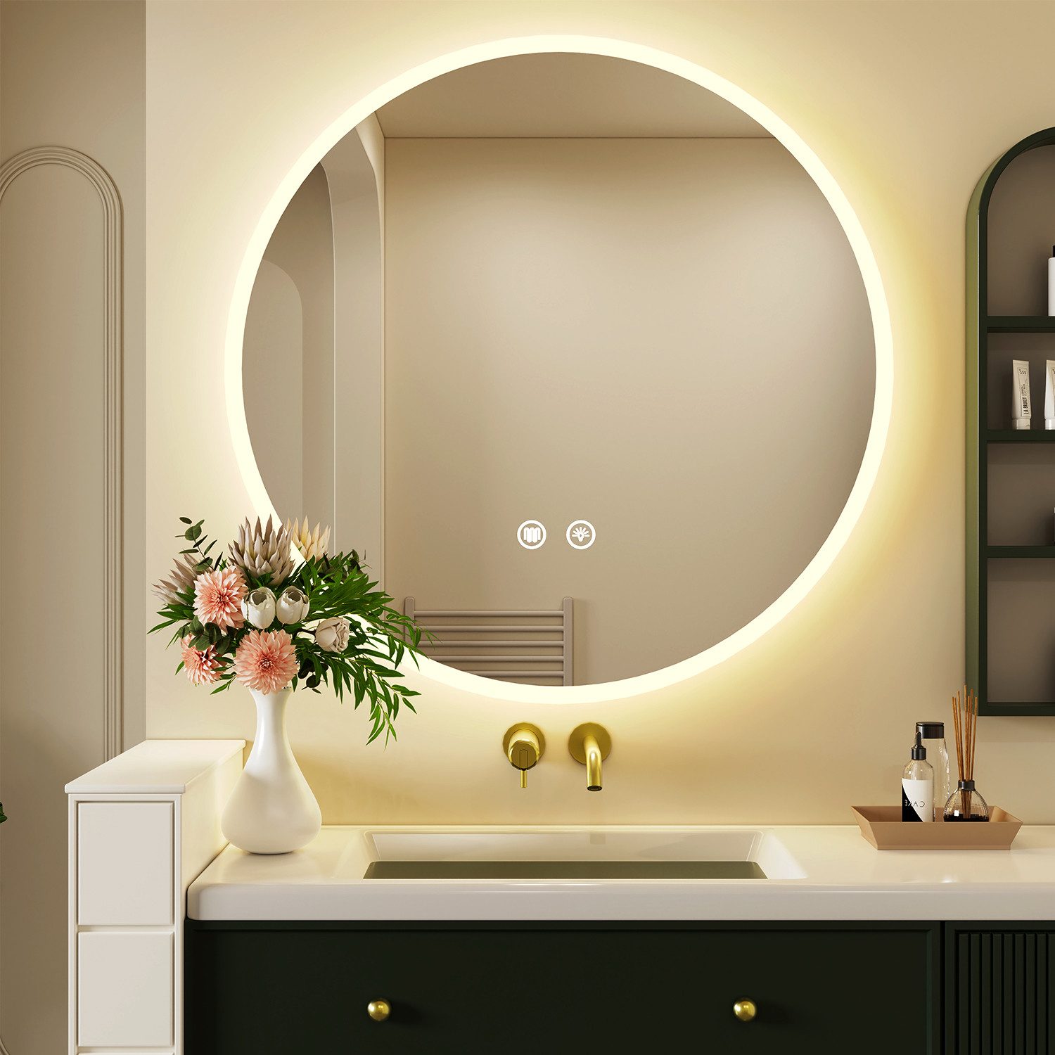 oyajia Badspiegel Rund mit LED Beleuchtung Wandspiegel, Rahmen Antibeschlag Badspiegel (3 Lichtfarben Dimmbare Touchschalter Antibeschlag eingebaute Sicherung), Ø60/70cm, Memory Funktion, IP44