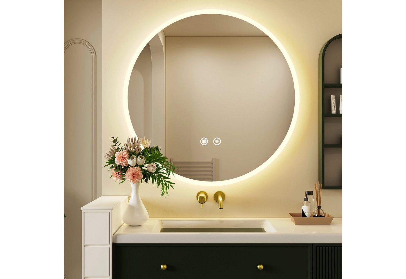 oyajia Badspiegel Rund mit LED Beleuchtung Wandspiegel, Rahmen Antibeschlag Badspiegel (3 Lichtfarben Dimmbare Touchschalter Antibeschlag eingebaute Sicherung), Ø60/70cm, Memory Funktion, IP44