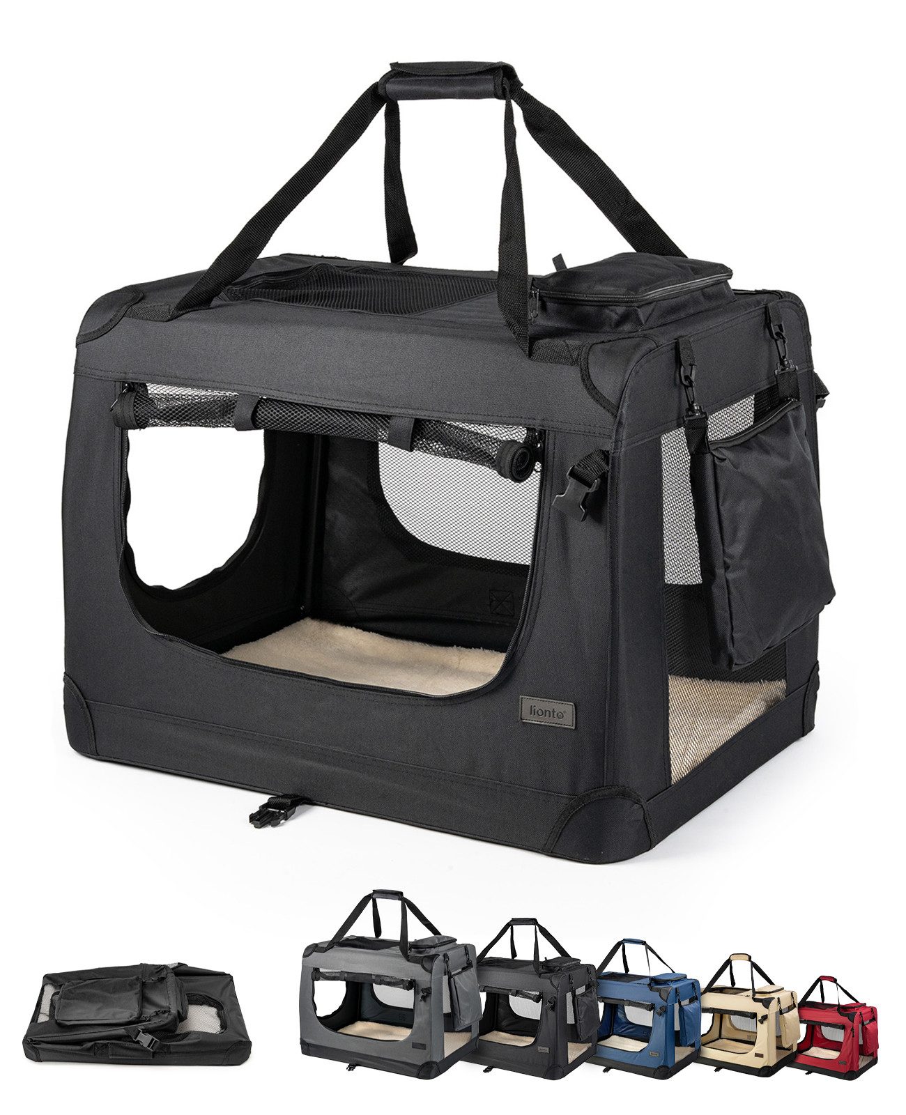 lionto Tiertransportbox für Katzen, leicht und komfortabel aus Textil bis 10 kg, 50x36x34 cm, schwarz