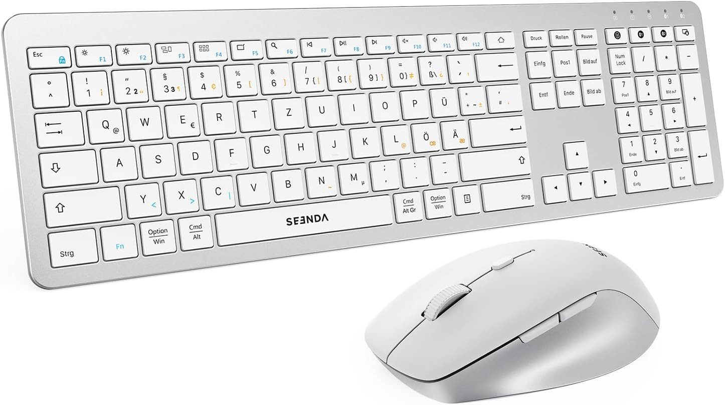 Seenda COE300 Tastatur Maus Set Kabellos Tastatur- und Maus-Set, (für Windows, Mac OS, Laptops, iPads und Tablets, QWERTZ Layout), Dual-Bluetooth + 2,4 GHz USB, Ultra-Dünne Funktastatur
