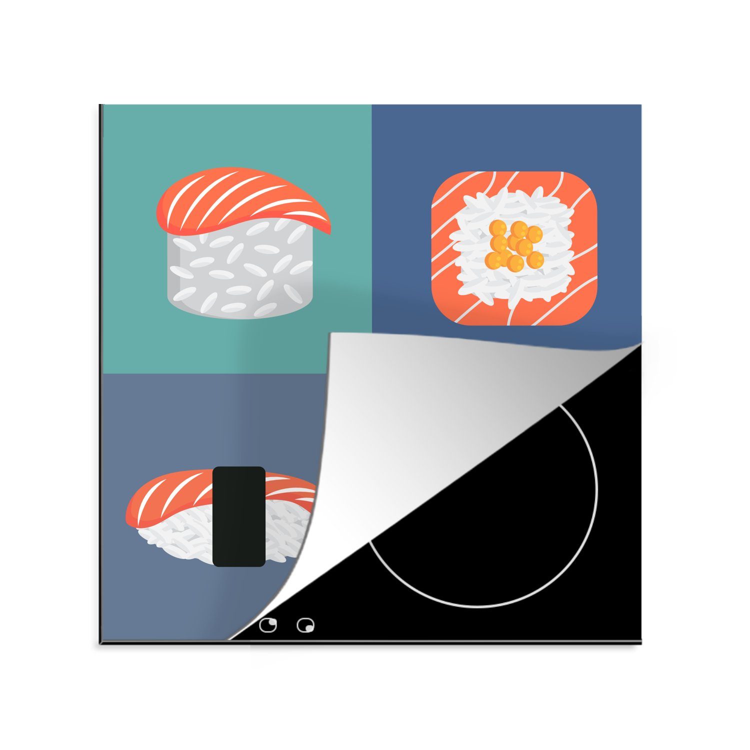 MuchoWow Herdblende-/Abdeckplatte Sushi-Illustration in farbigen Flächen, Vinyl, (1 tlg), 78x78 cm, Ceranfeldabdeckung, Arbeitsplatte für küche