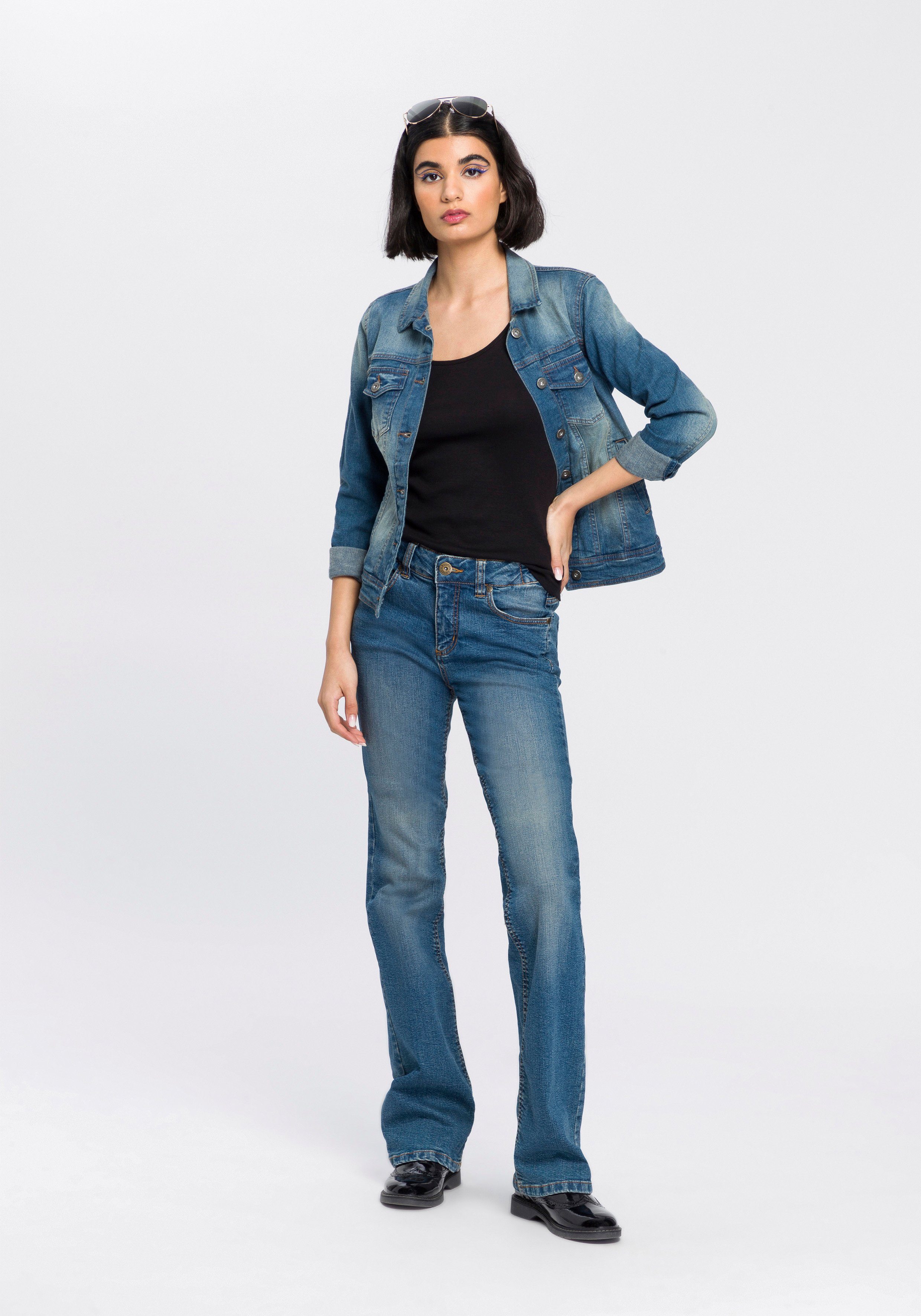 High blue-used Arizona Bootcut-Jeans Gummizugeinsatz Bund mit Waist seitlichem