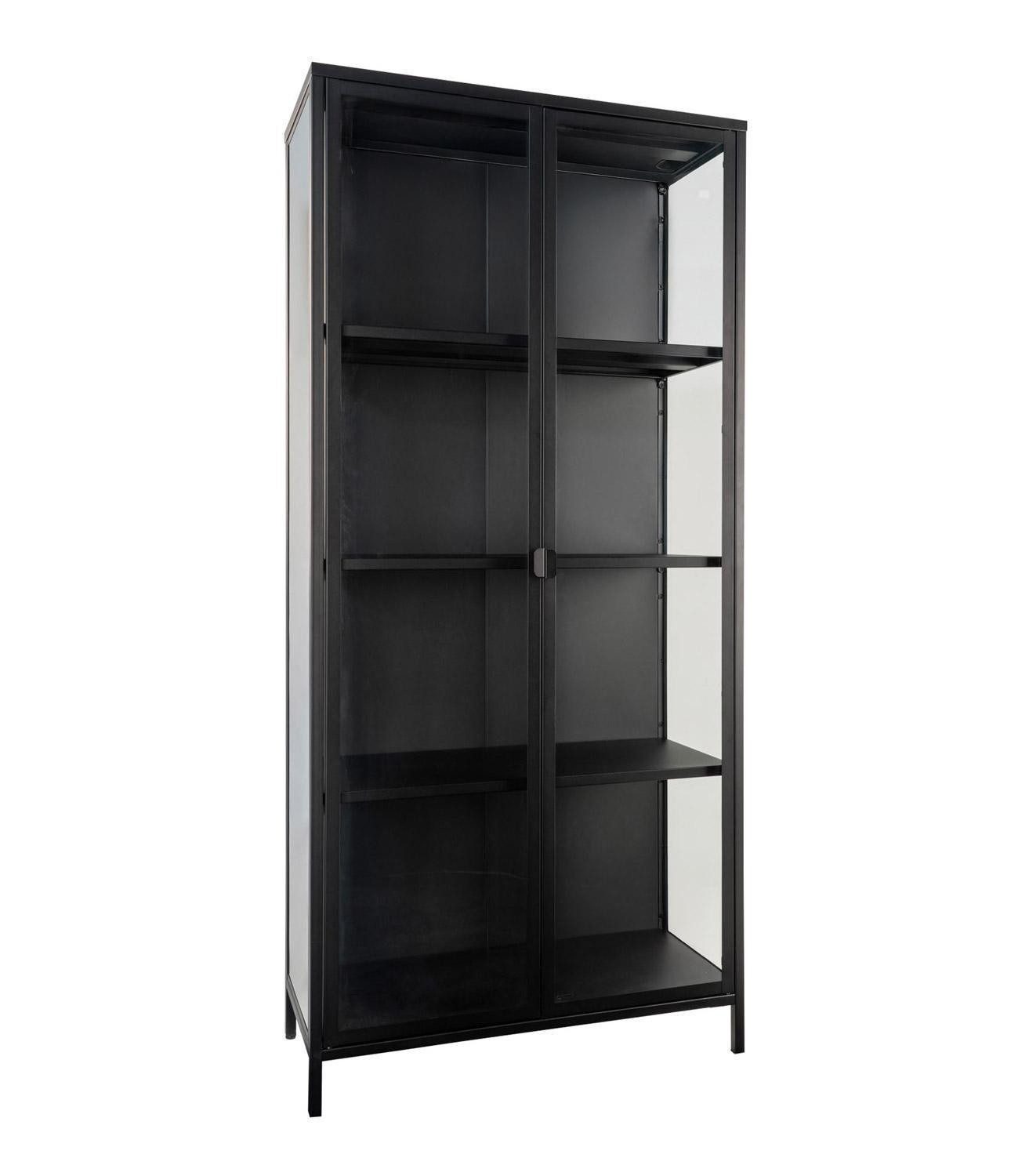 House Nordic Vitrine BRISBANE, Schwarz, Glas, Stahl, 2 Türen, 3 höhenverstellbare Einlegeböden, B 80 x H 175 x T 35 cm