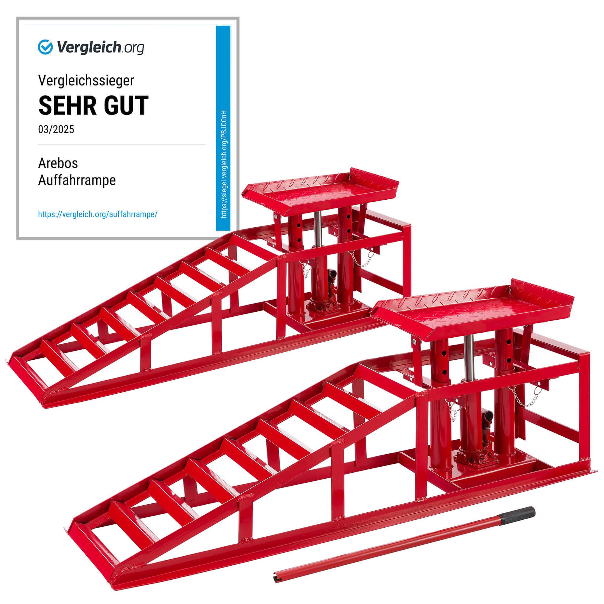 Arebos Auffahrrampe 2x mit hydraulischem Wagenheber, XXL 245 mm Auffahrbreite (2er Set), mit Sicherheits-/ Überdruckventil, Höhenverstellbar